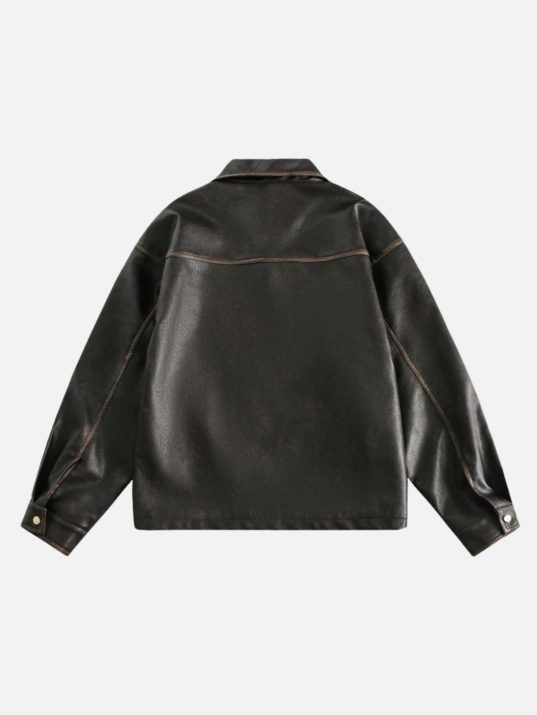 Back view of a butterfly faux leather jacket by TALISHKO, showcasing stylish design and detail.