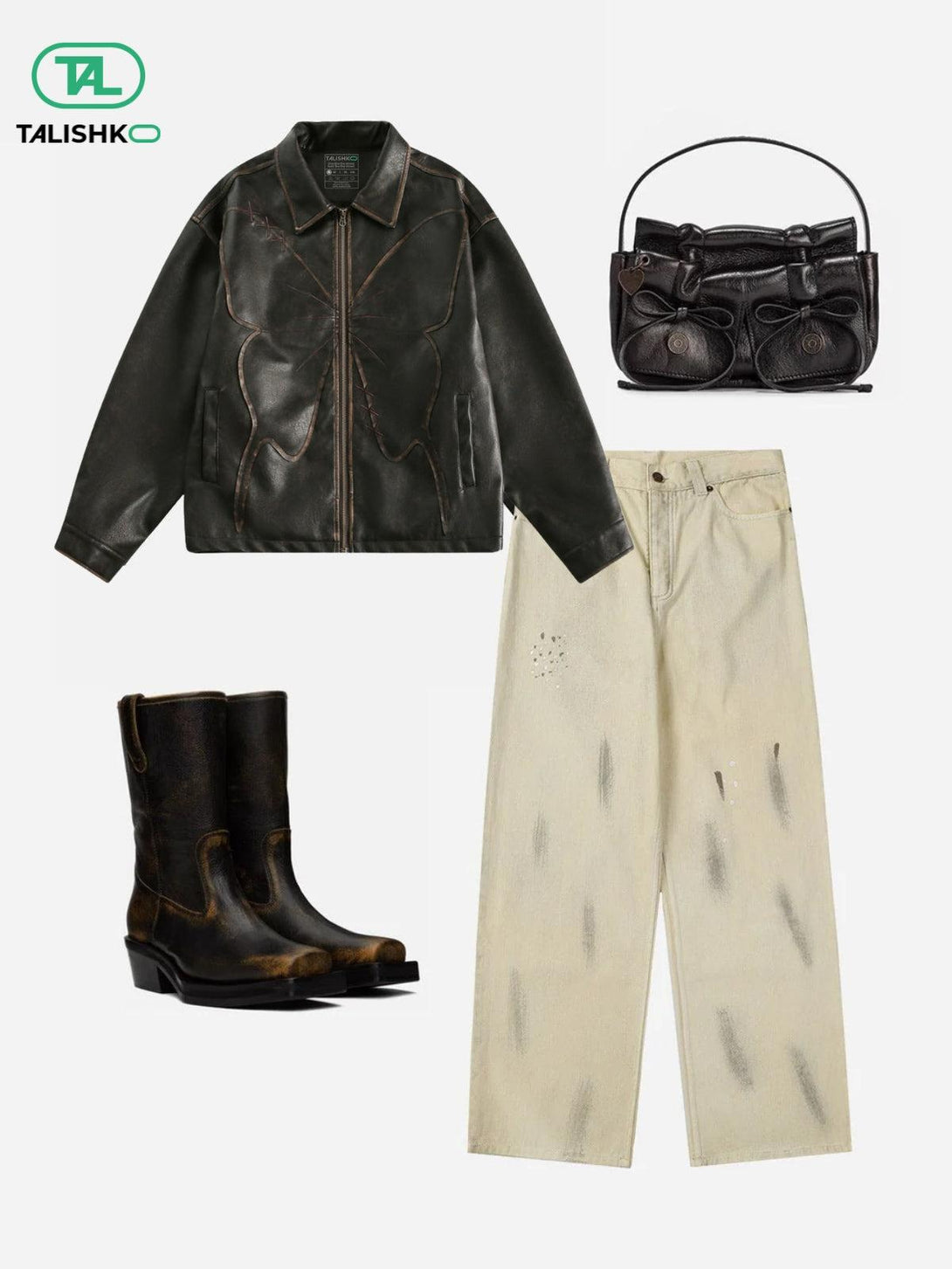 Trendy ensemble featuring a butterfly faux leather jacket, beige pants, boots, and a bag by TALISHKO.