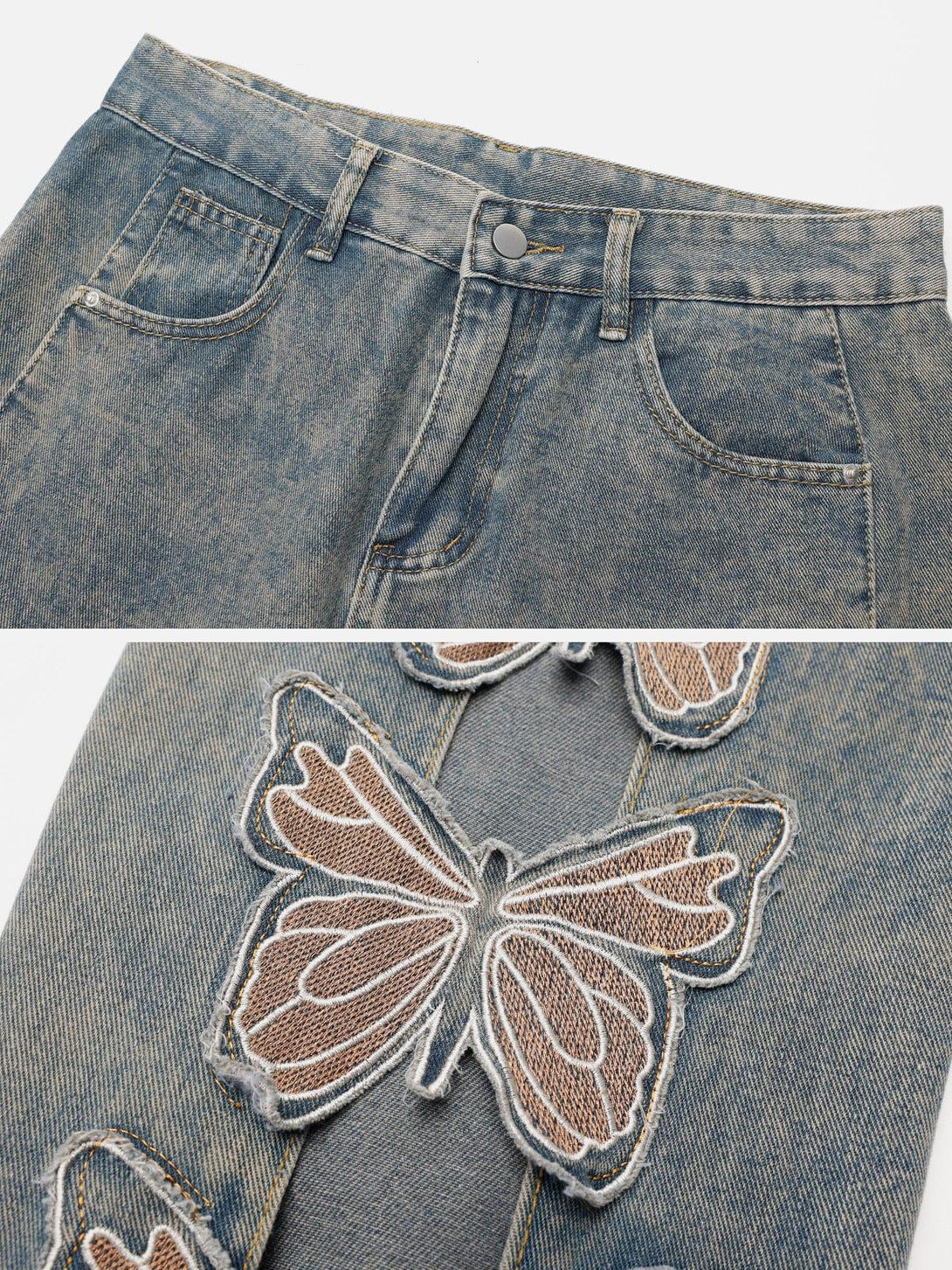 A close-up of TALISHKO jeans showcasing intricate butterfly cutout details on the denim fabric.