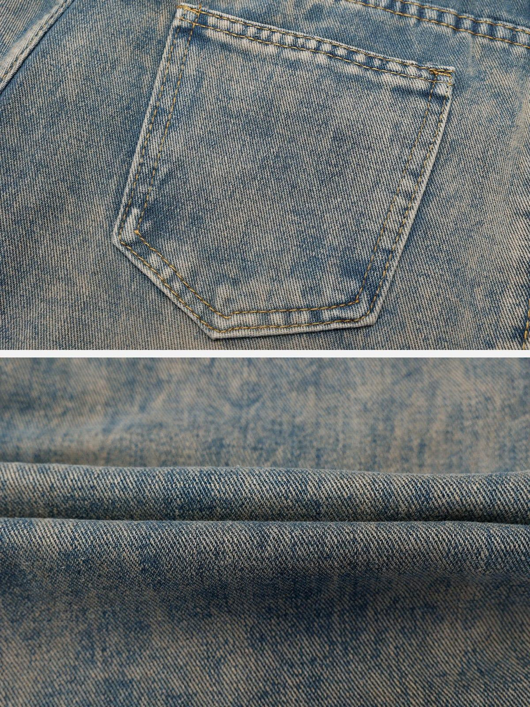 Detailed view of TALISHKO denim's texture and pocket stitching, highlighting quality craftsmanship.