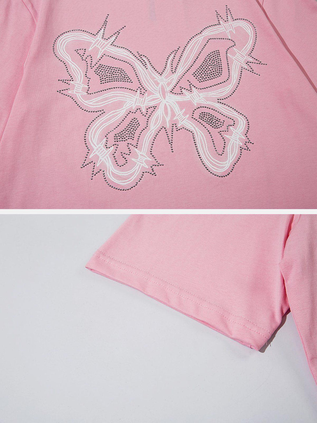 Intricate look at the butterfly design on TALISHKO pink tee, highlighting its casual vibe.