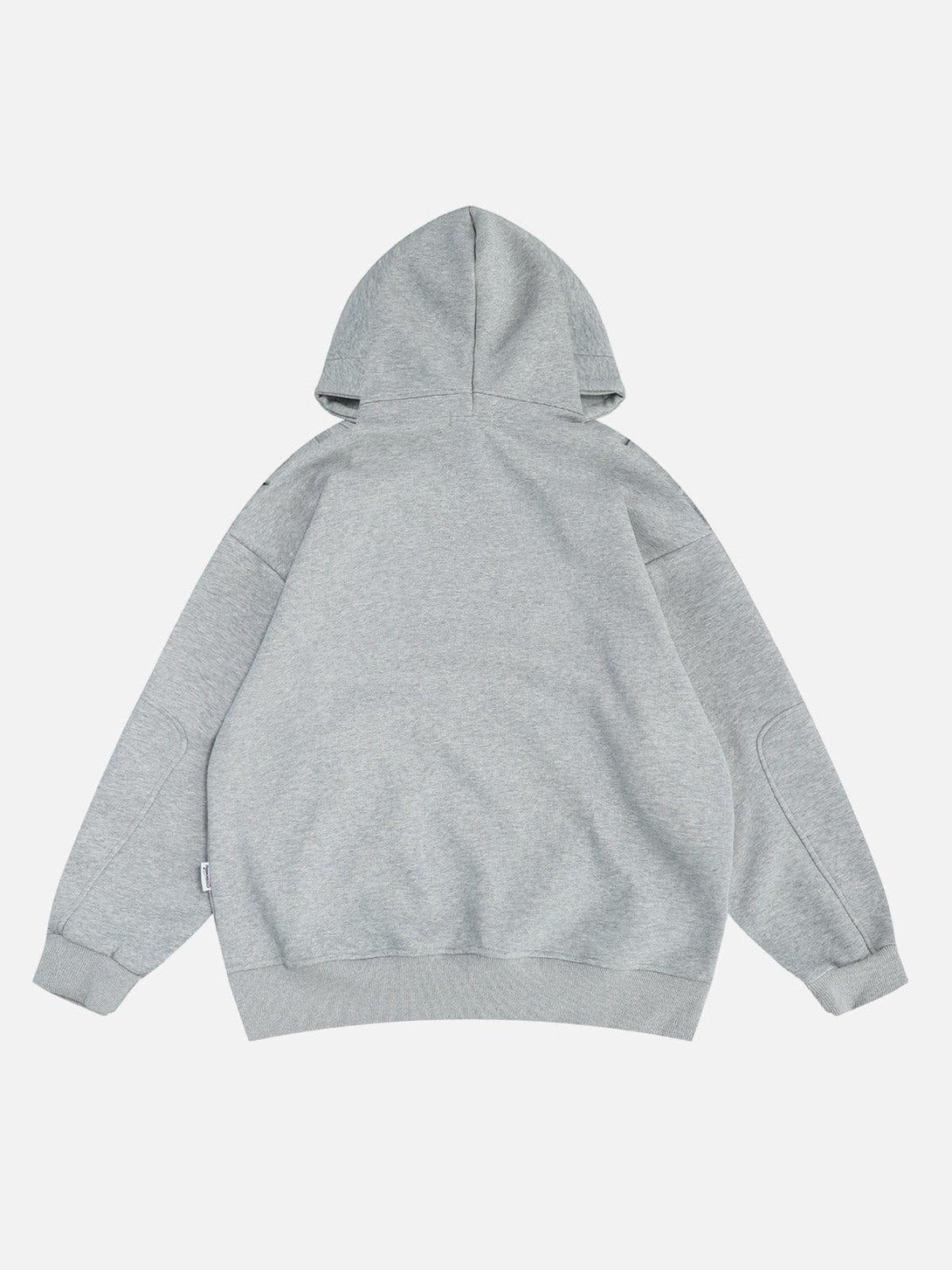 Back view of a gray button deconstructive hoodie by TALISHKO, showcasing casual comfort.