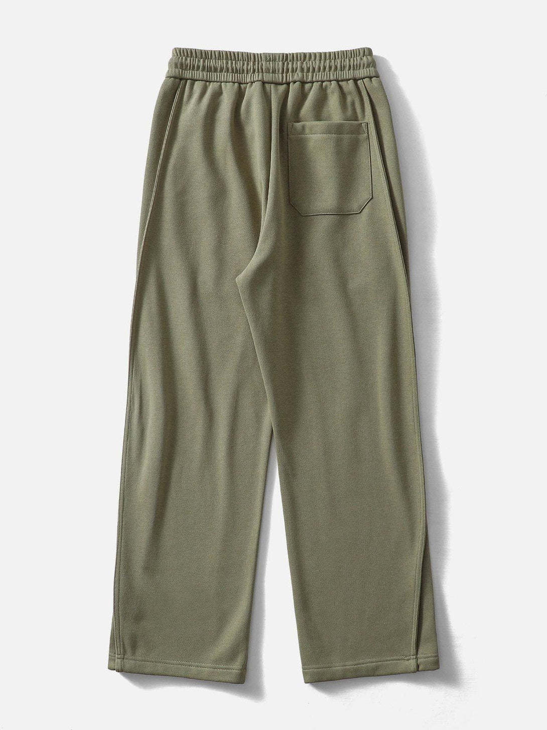 Back view of olive Camber Cutting Sweatpants by TALISHKO with an elastic waistband and pocket.