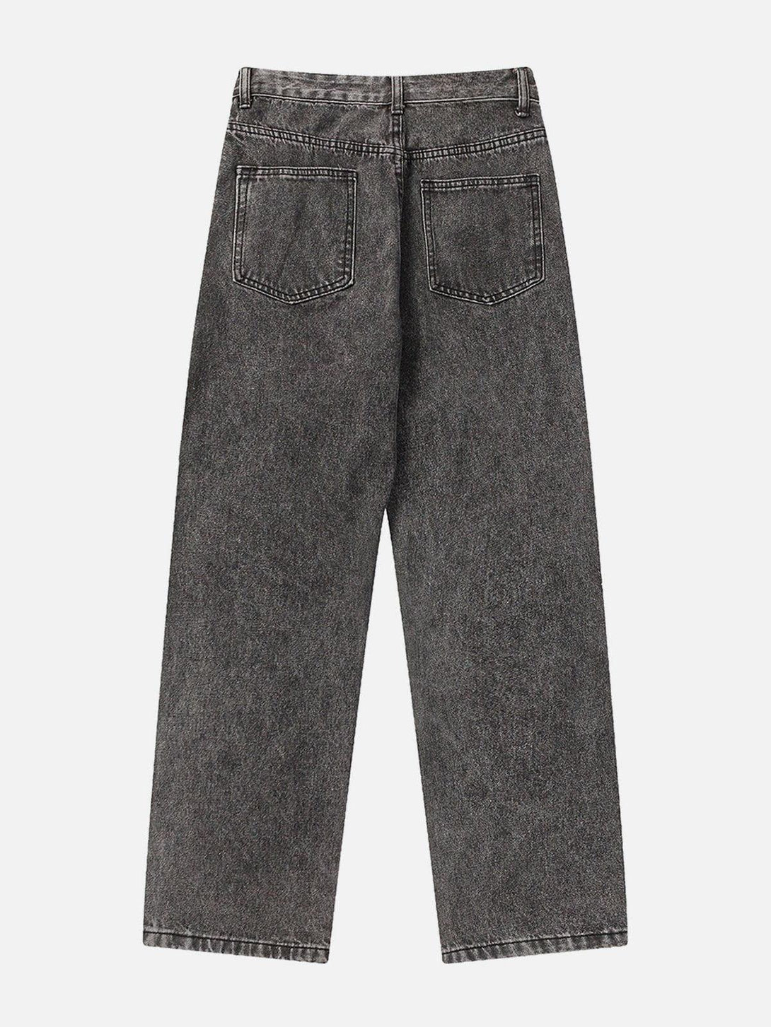 Back view of TALISHKO cambered patchwork straight-leg jeans featuring stylish detailing.