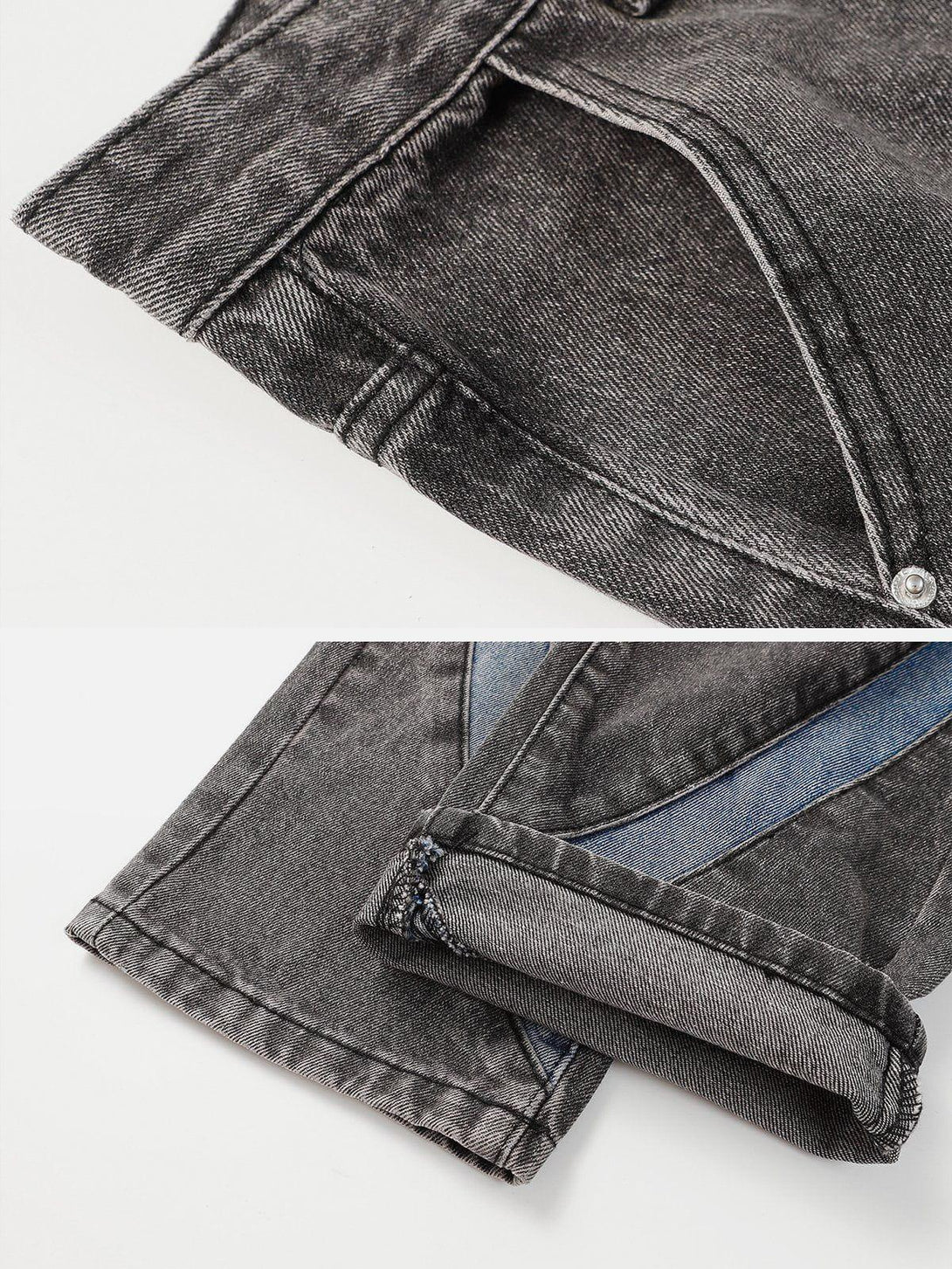Intricate look at TALISHKO cambered patchwork jeans, highlighting detailed stitching and design.