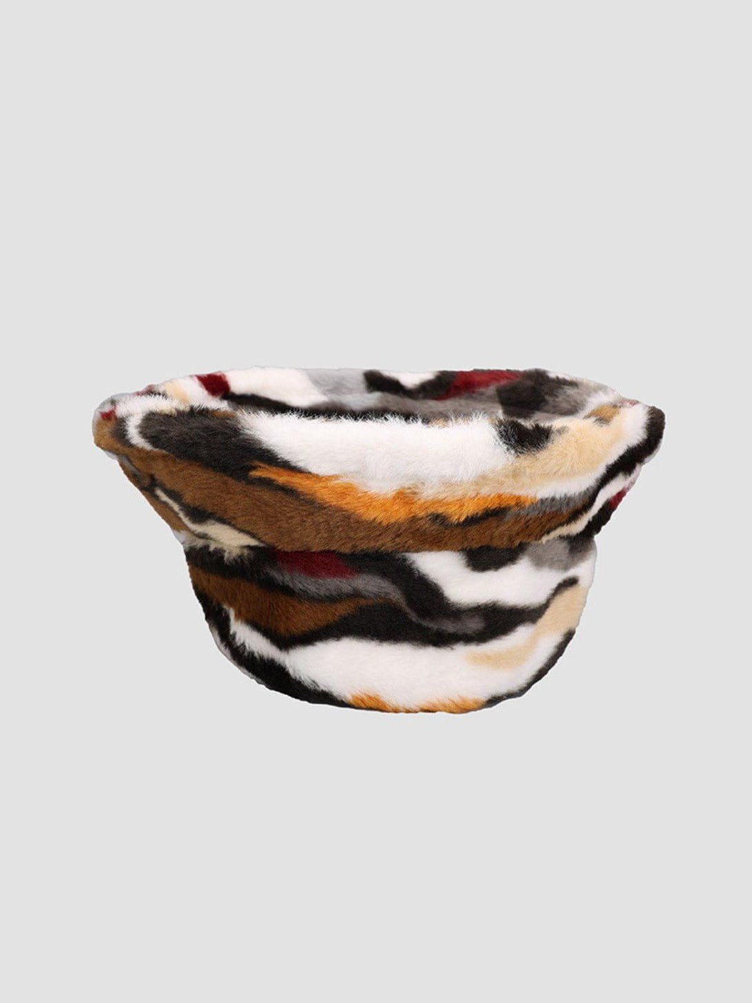 TALISHKO camo stripe plush bucket hat, featuring a vibrant and cozy side view.