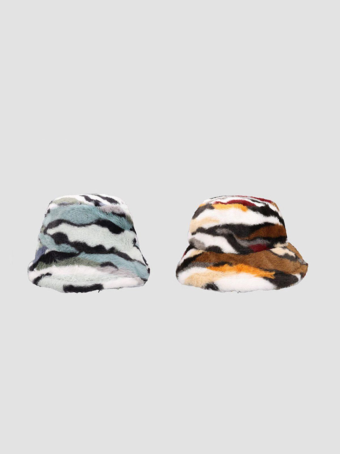 TALISHKO vintage bucket hats in camo stripes, highlighting cozy plush textures side by side.