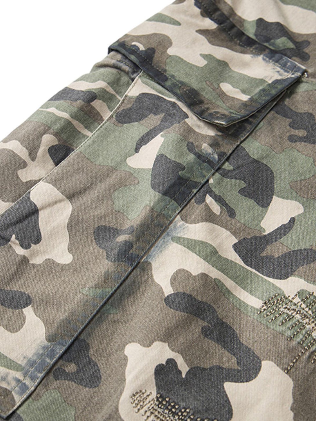 Detailed fabric and stitching on TALISHKO camouflage cargo shorts, showcasing rugged design.