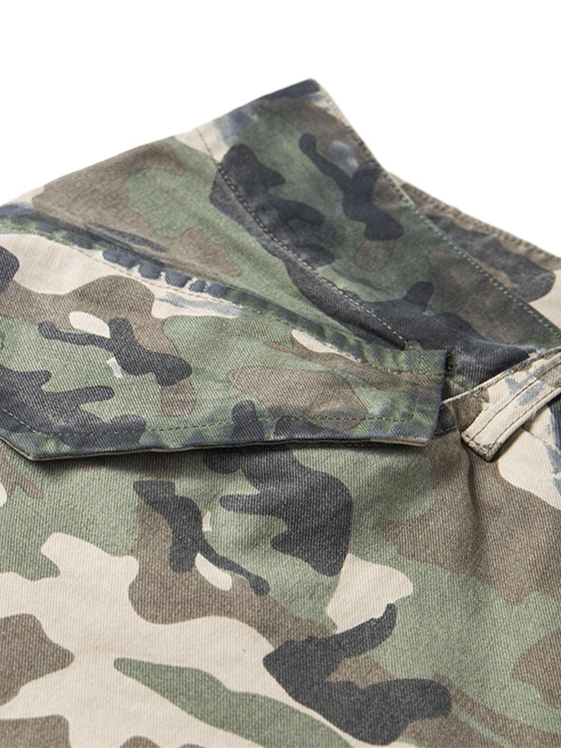 Detailed look at the camouflage pattern on TALISHKO cargo shorts, highlighting rugged style.