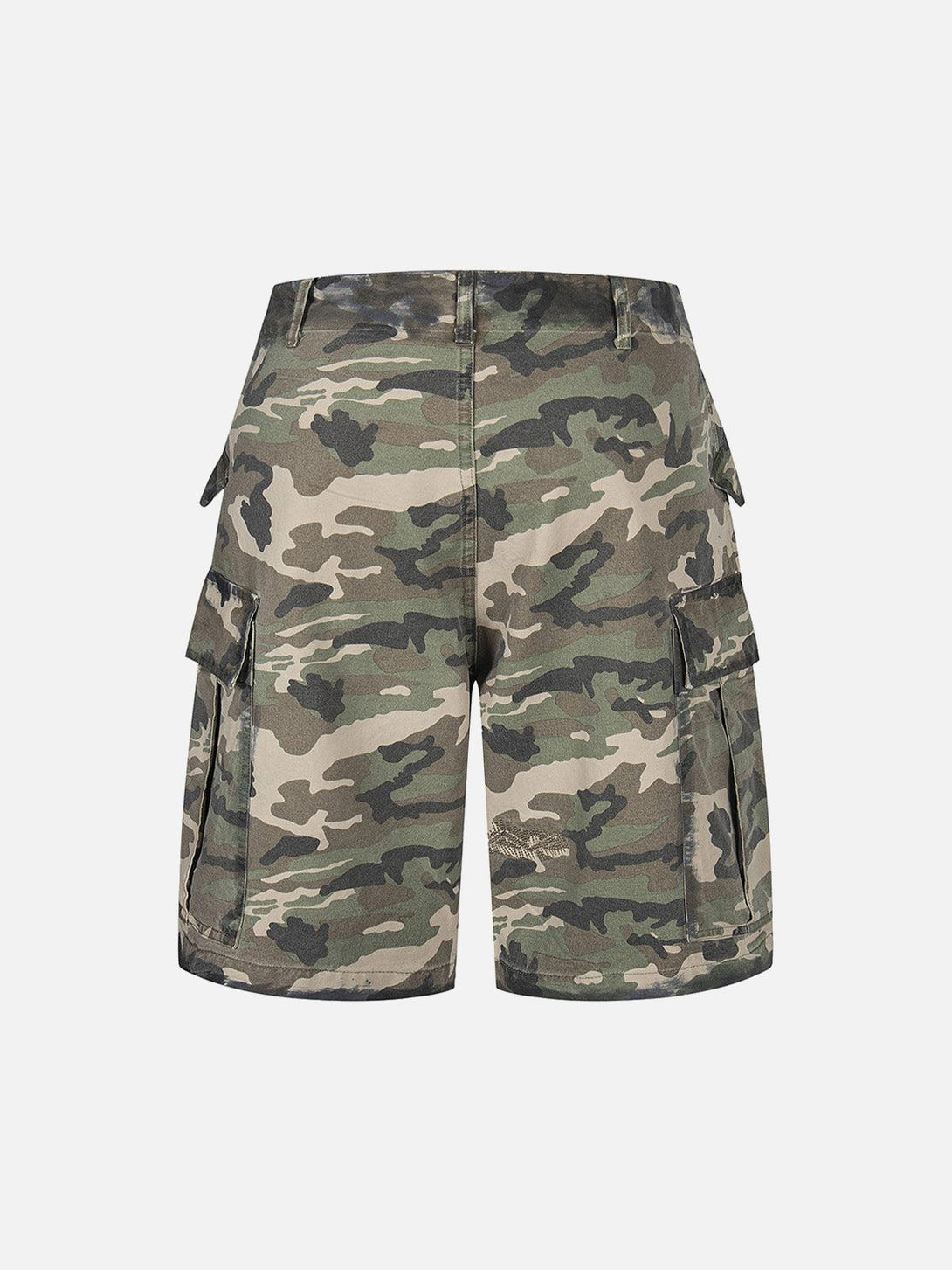 Back view of TALISHKO camouflage cargo shorts featuring practical pockets, ideal for adventures.