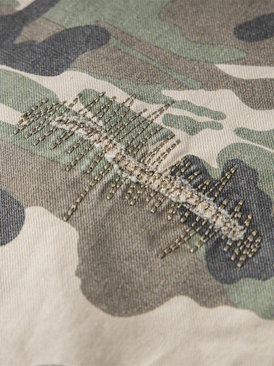 Intricate look at TALISHKO camouflage cargo shorts' stitching, showcasing rugged craftsmanship.