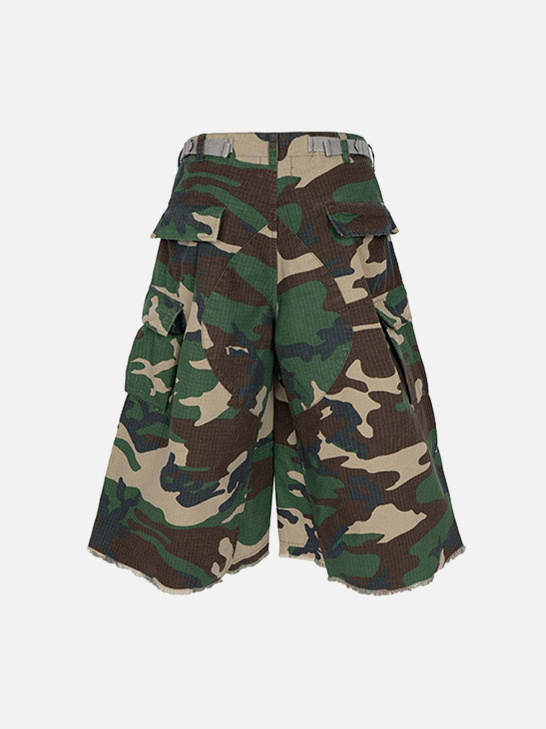 Back view of TALISHKO camouflage cropped cargo shorts featuring buckle waist detail.