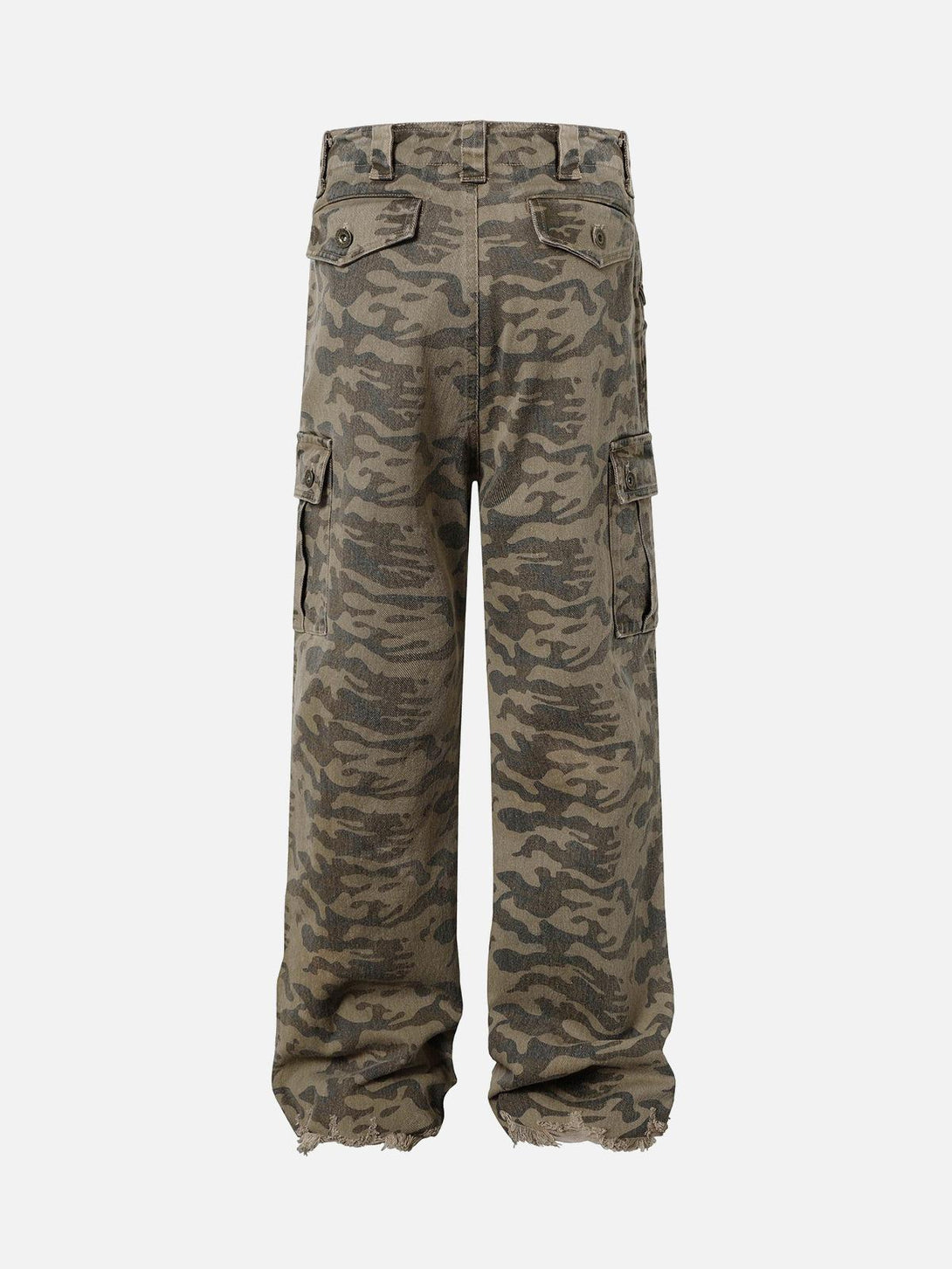 Back view of TALISHKO camouflage cargo pants, showcasing rugged design and utility pockets.