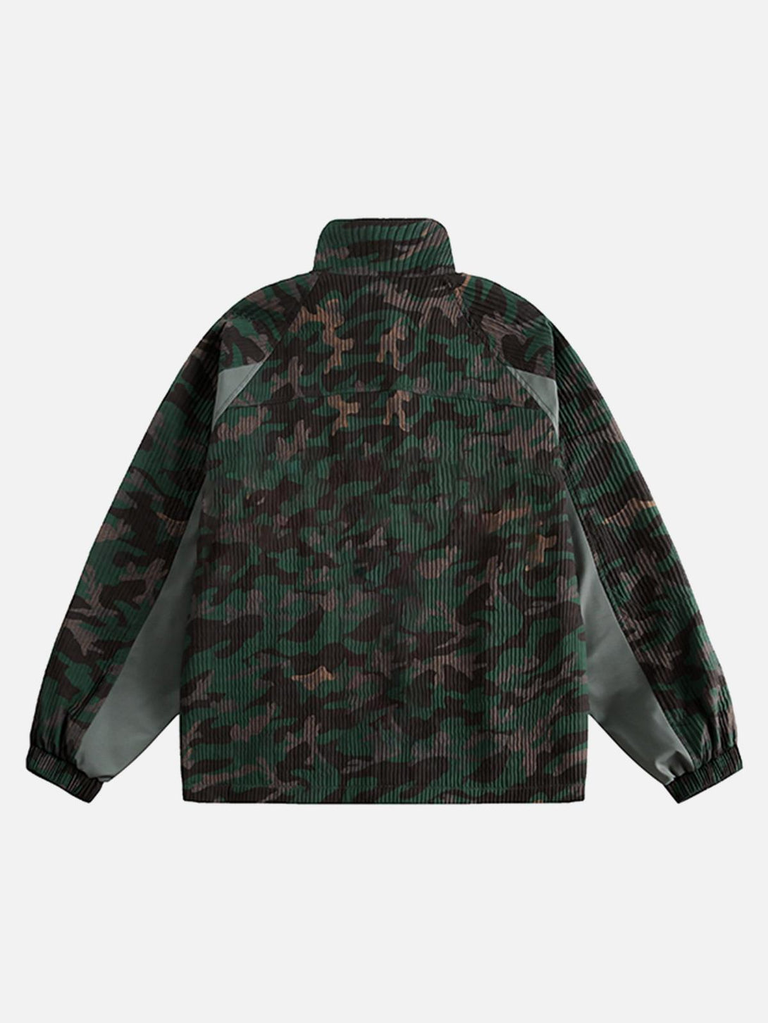 Back view of TALISHKO camouflage diamond patchwork jacket, highlighting unique design pattern.