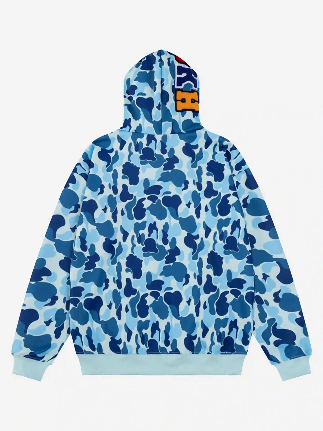 Back view of a blue camouflage hoodie with a unique double cap design by TALISHKO.