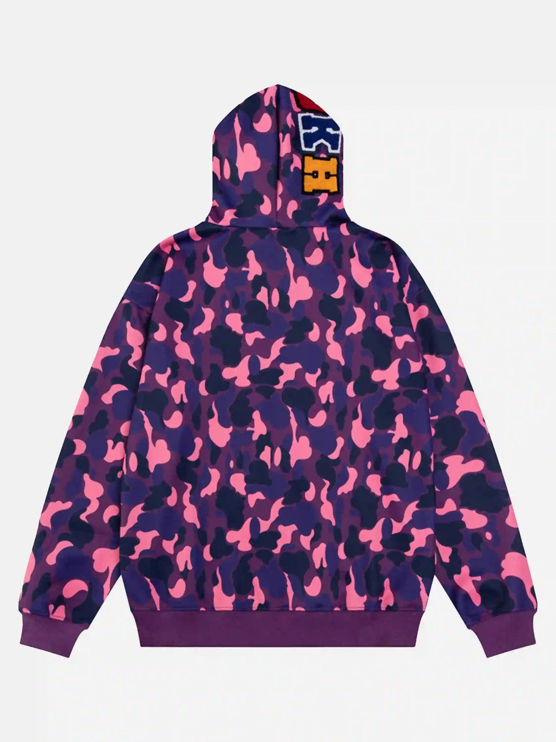 Back view of a pink and purple camouflage hoodie featuring a double cap design by TALISHKO.