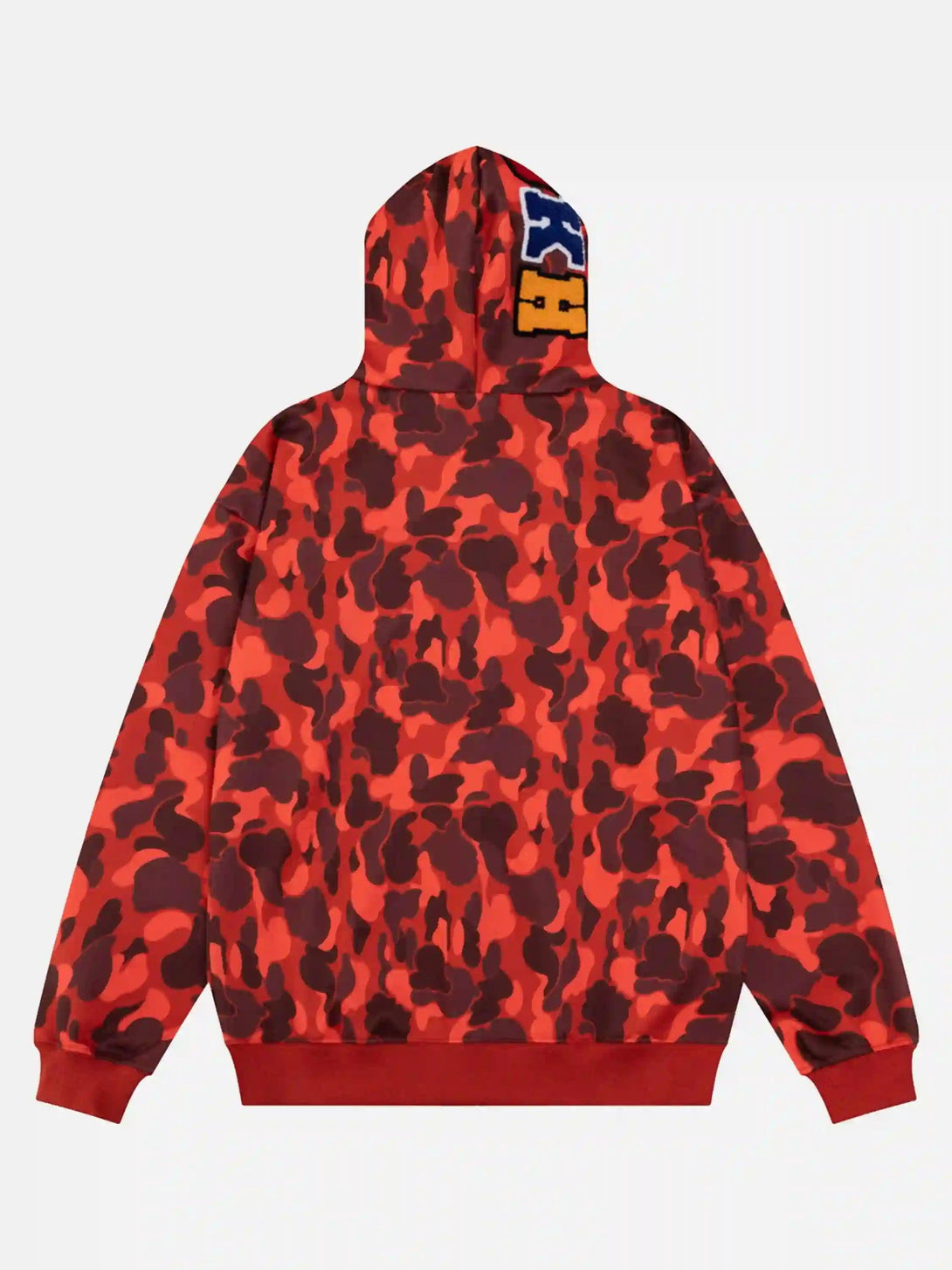 Back view of a red camouflage hoodie with double cap design by TALISHKO, showcasing bold style.
