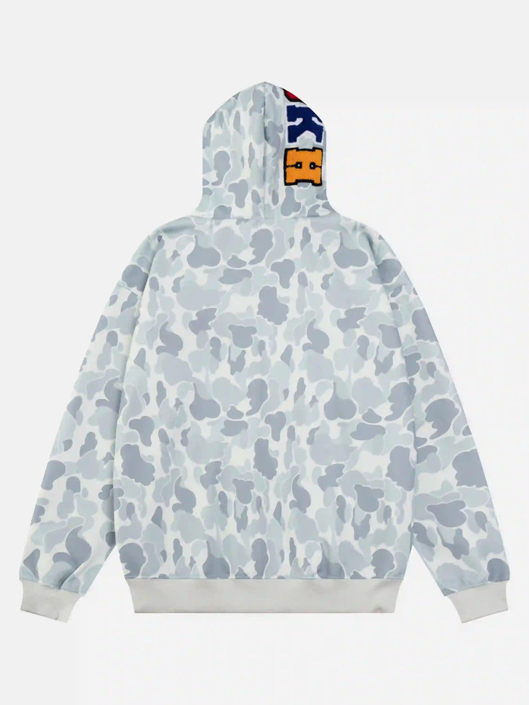 Back view of a gray camouflage hoodie with double cap design crafted by TALISHKO.