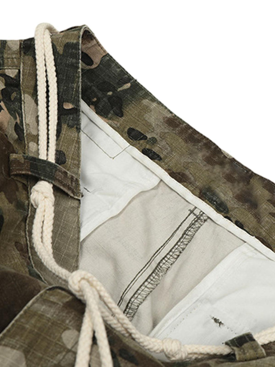 Intricate look at TALISHKO camouflage cargo pants' drawstring and pattern details for a rugged style.