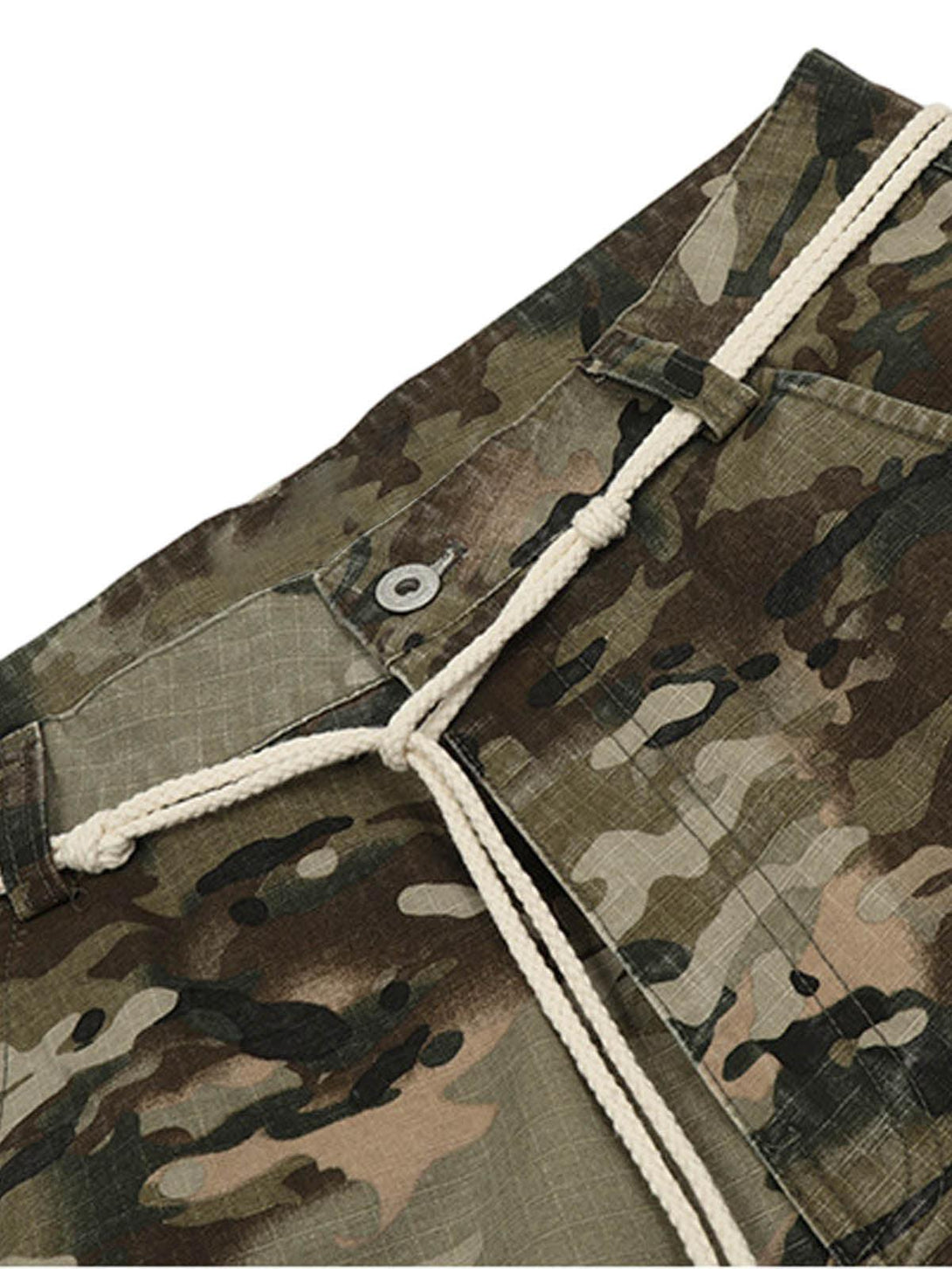 A detailed view of TALISHKO camouflage cargo pants' drawstring and pattern for a rugged look.