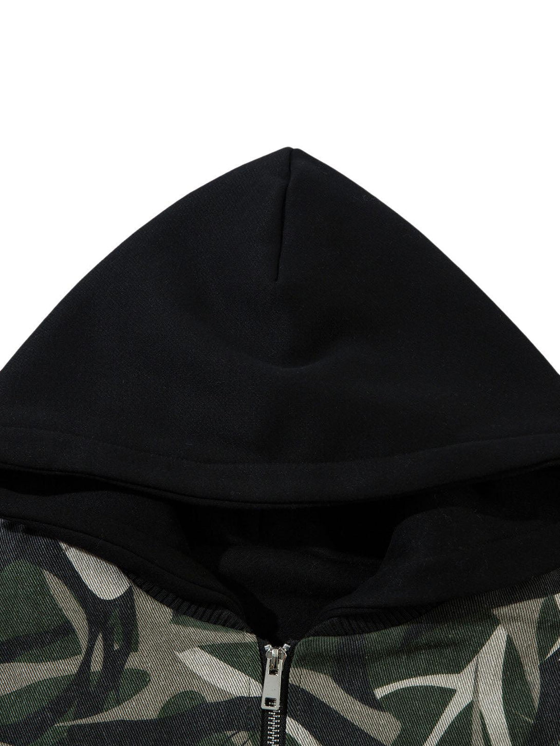 A close-up of TALISHKO's camouflage bomber jacket hood, highlighting its sleek, layered design.