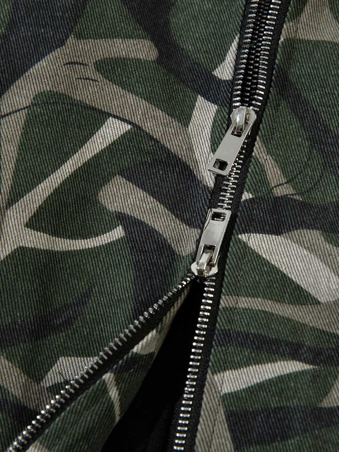 Intricate look at TALISHKO's bomber jacket zipper and camouflage pattern, showcasing design details.
