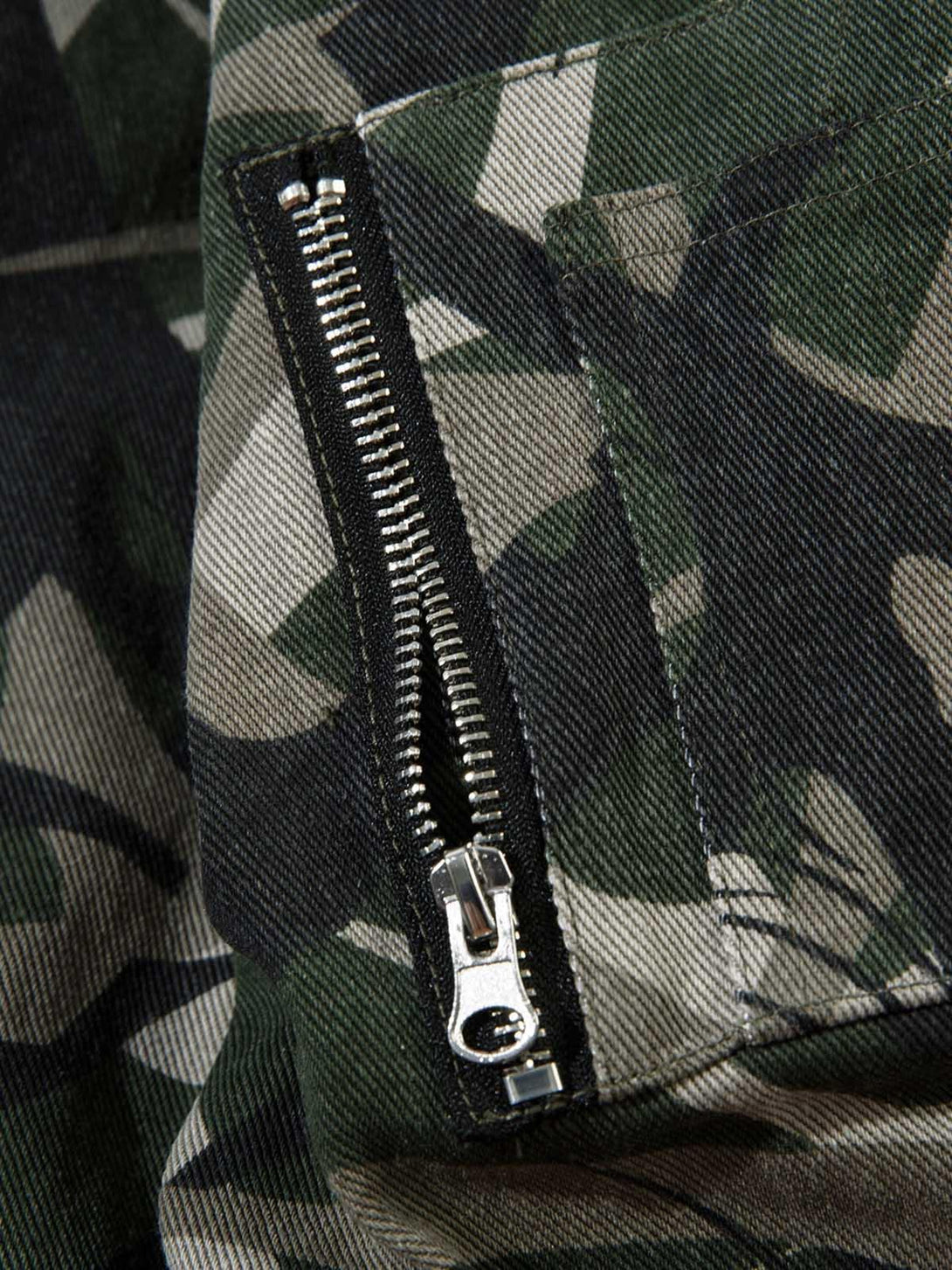 Detailed view of TALISHKO's camouflage bomber jacket zipper, showcasing intricate design elements.