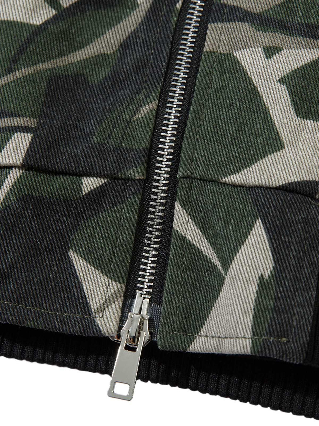 Intricate look at the zipper and camouflage fabric on TALISHKO's bomber jacket.