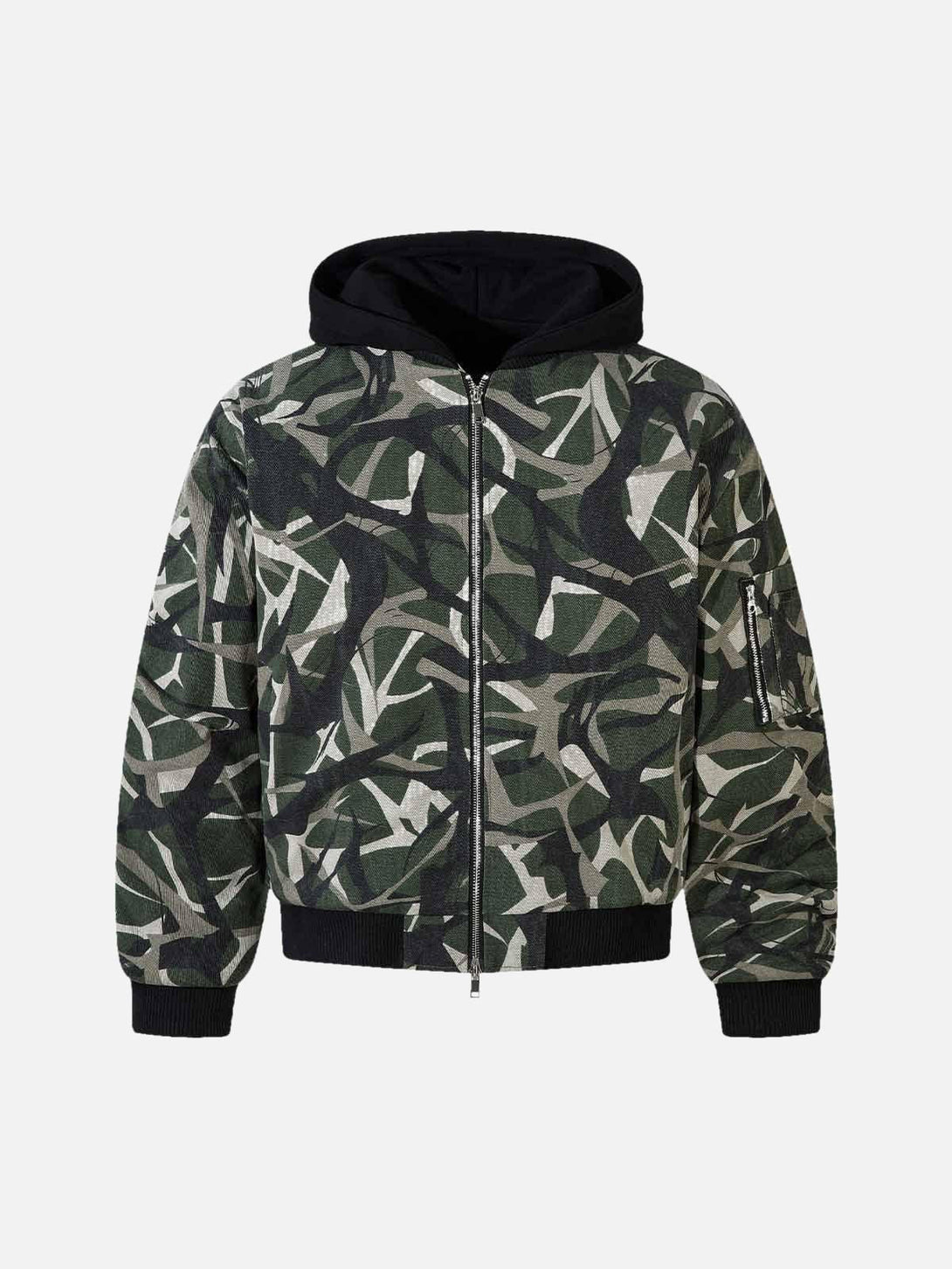A camouflage hooded bomber jacket by TALISHKO, showcasing a modern, layered design.