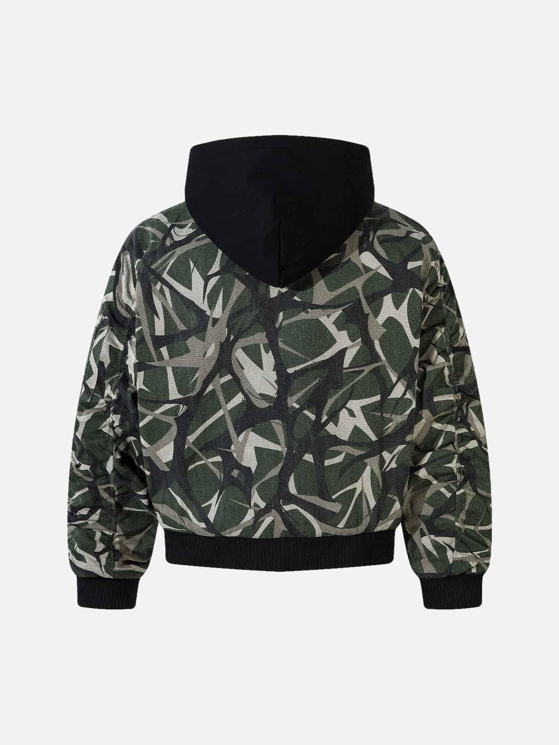 Back view of TALISHKO's camouflage hooded bomber jacket, highlighting its unique layered look.