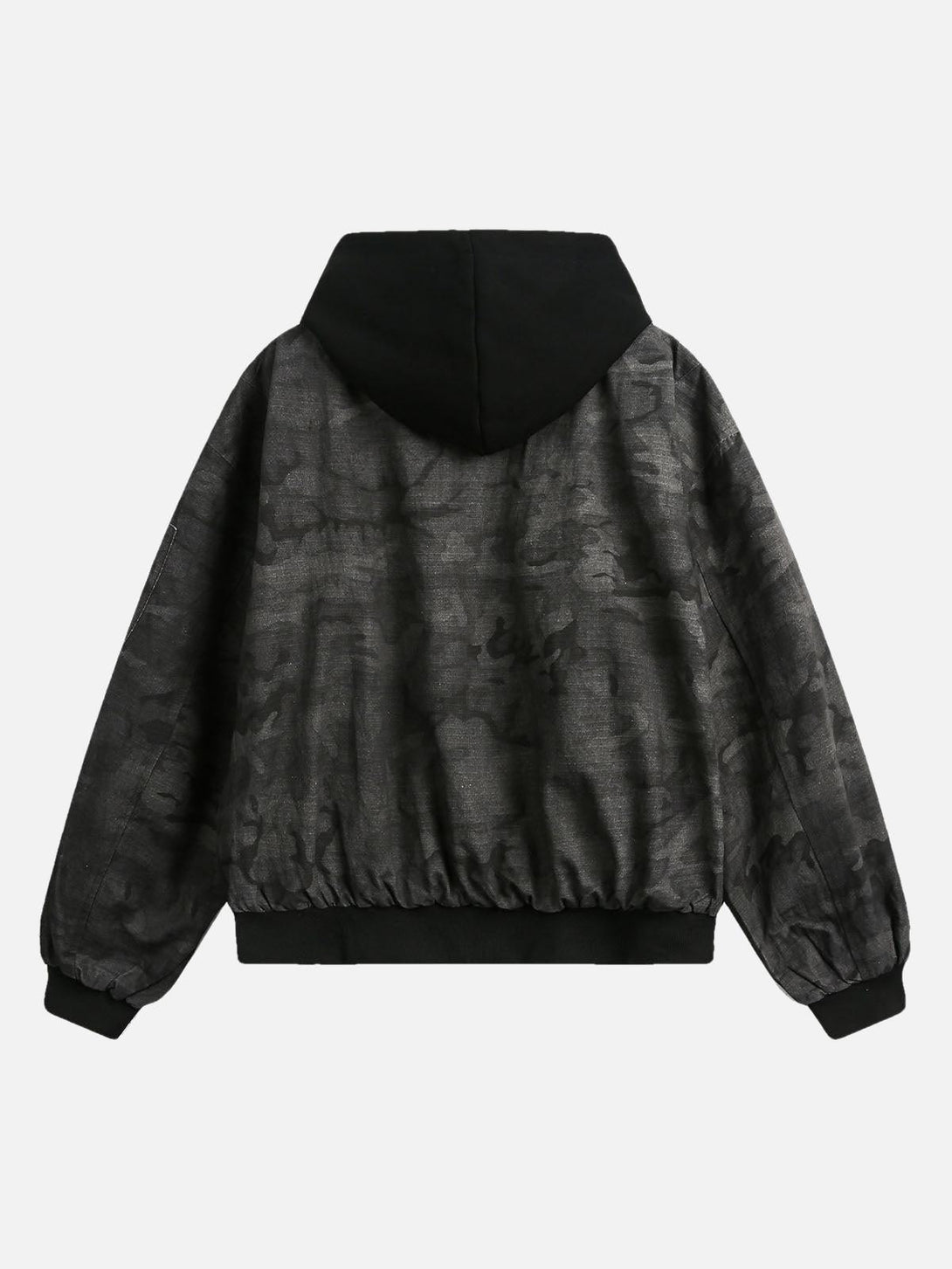 Back view of a black camouflage hooded jacket by TALISHKO, highlighting the faux two-piece style.