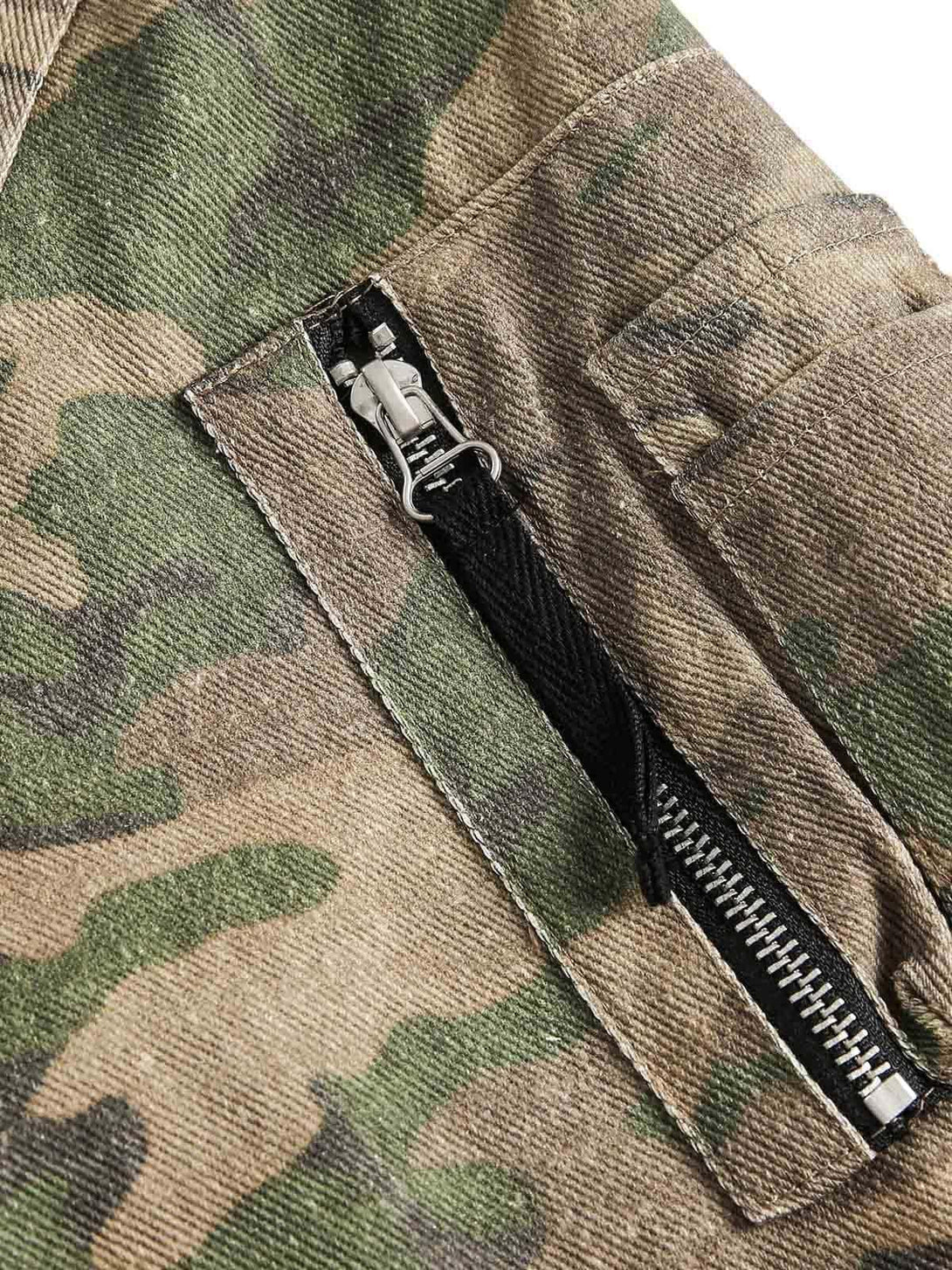 Detailed fabric and stitching on TALISHKO's camouflage jacket, highlighting the zipper detail.