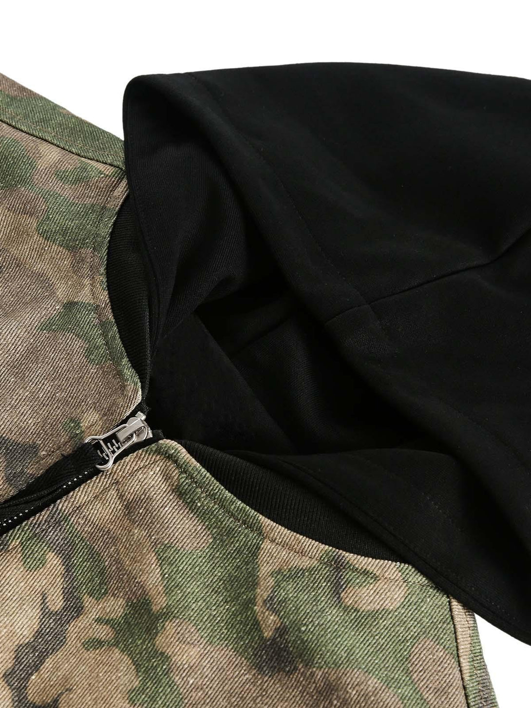 Intricate look at TALISHKO camouflage jacket's hood and zipper, highlighting its unique design.