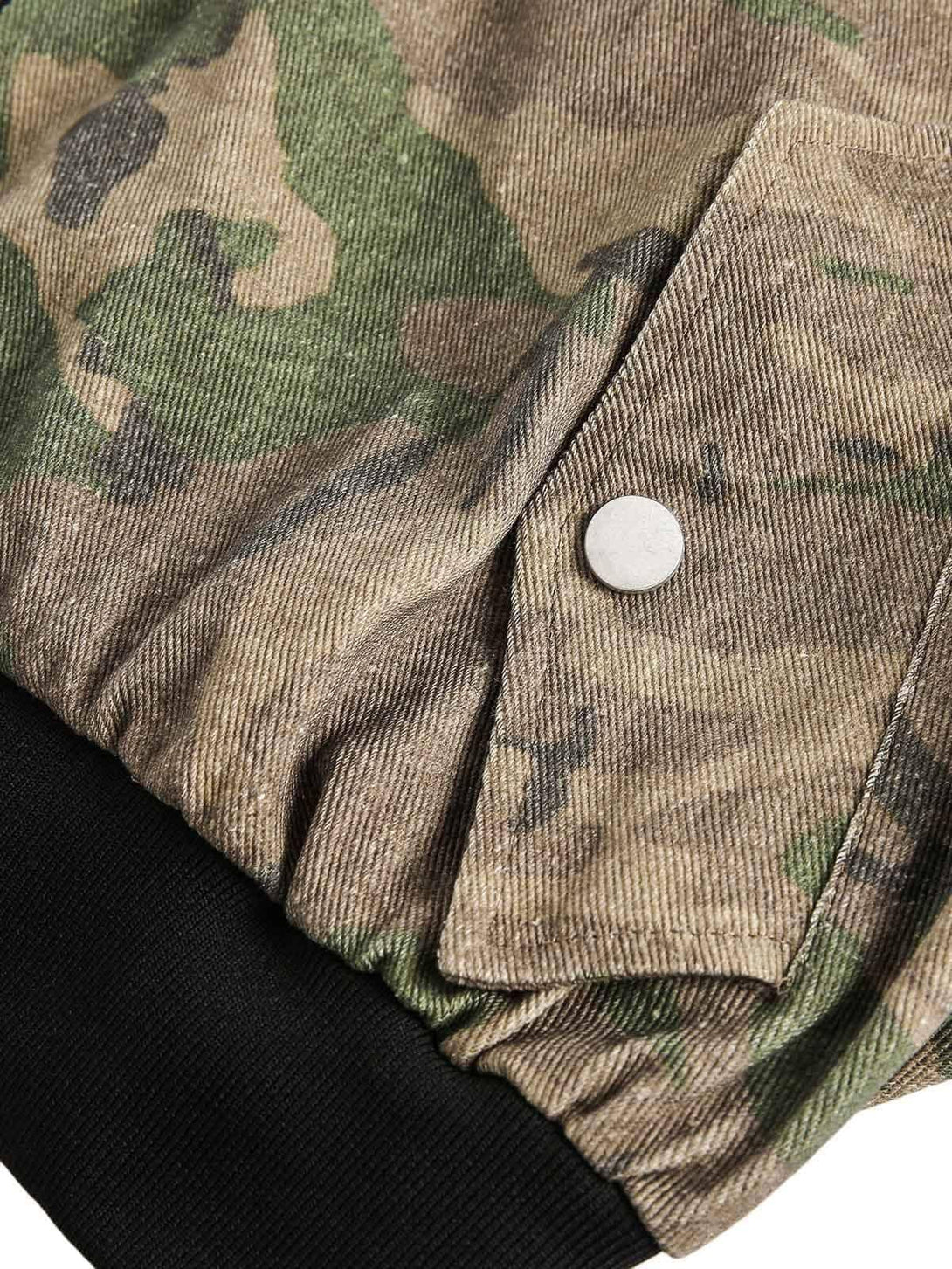 Intricate look at TALISHKO camouflage jacket's button detail, highlighting its stylish texture.