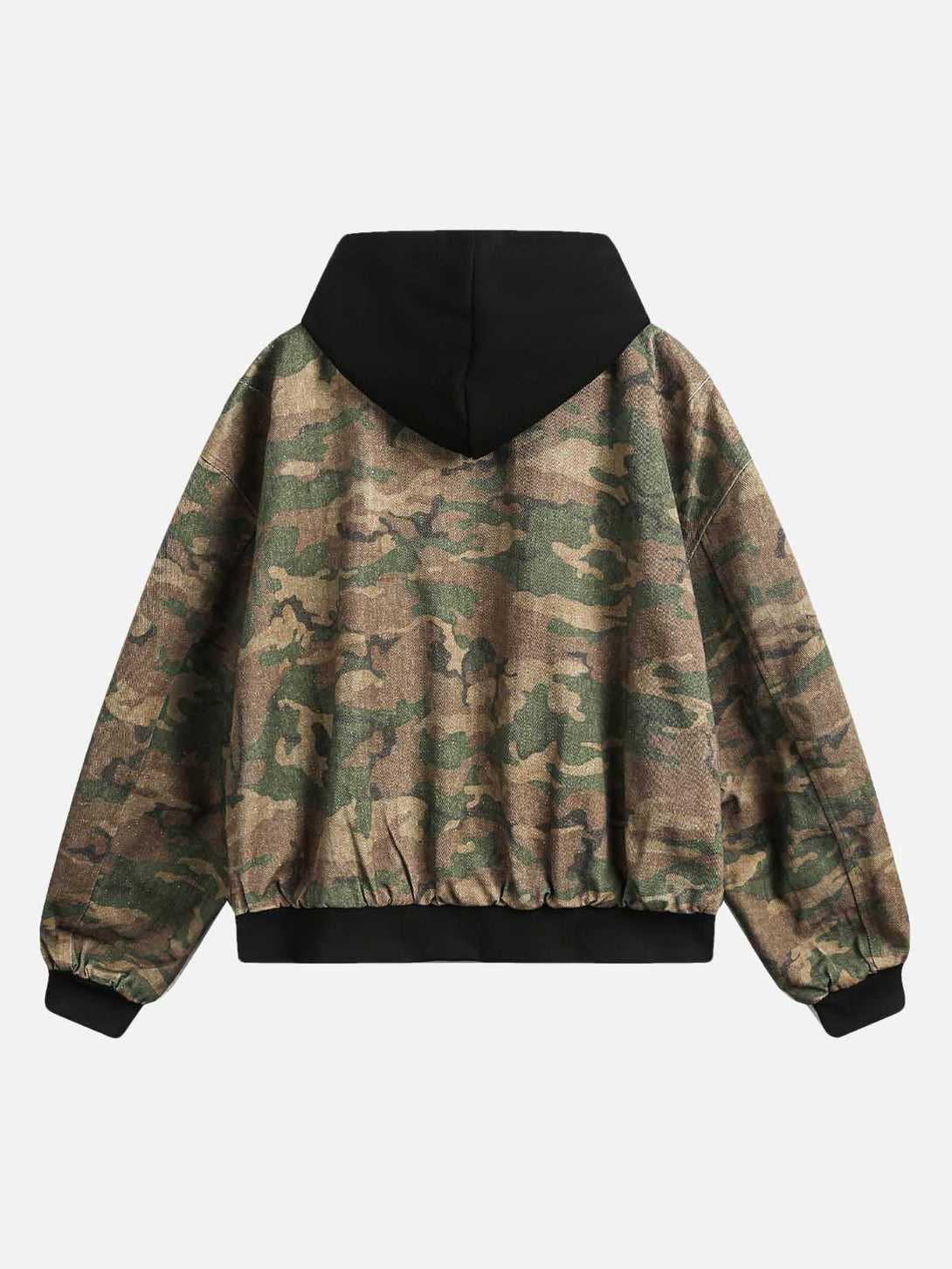 Back view of a camouflage hooded jacket by TALISHKO, showcasing a faux two-piece design.