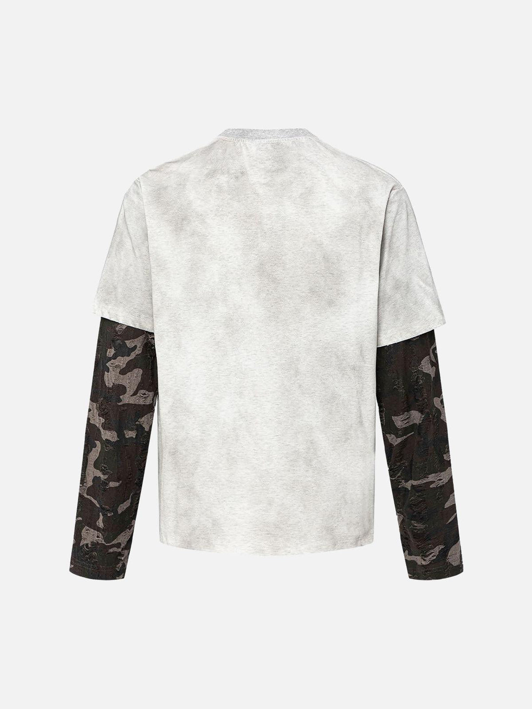 Back view of TALISHKO's long sleeve T-shirt with camouflage sleeves, perfect for layering.