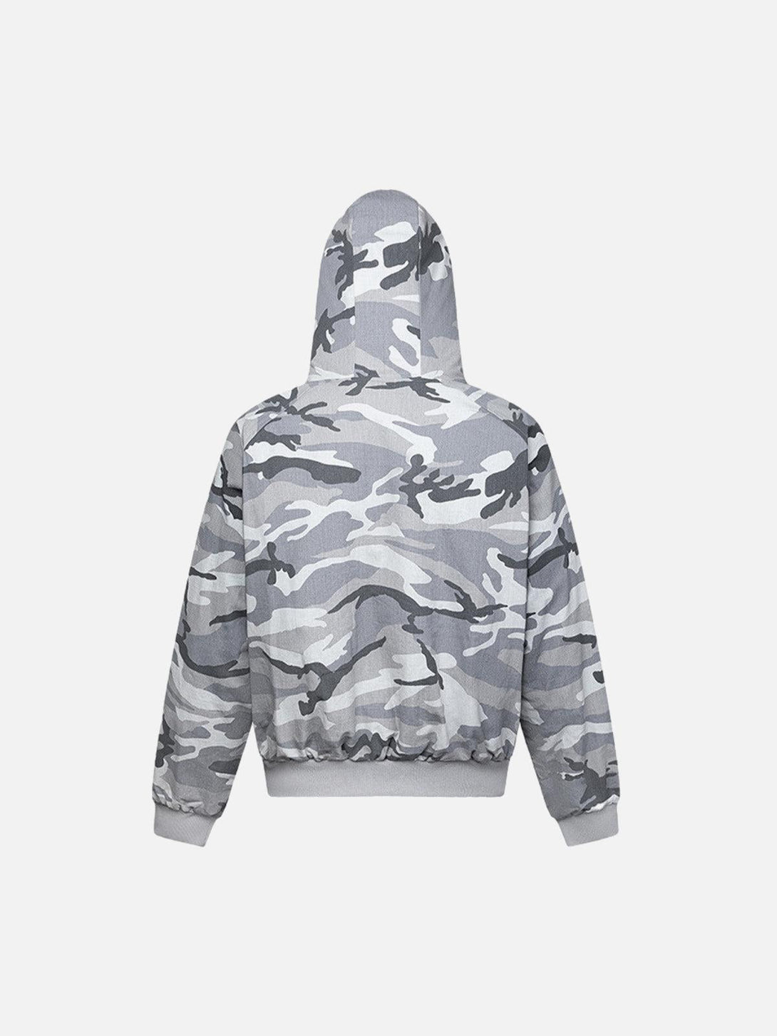 Back view of a gray camouflage fleece hooded jacket by TALISHKO, highlighting casual comfort.