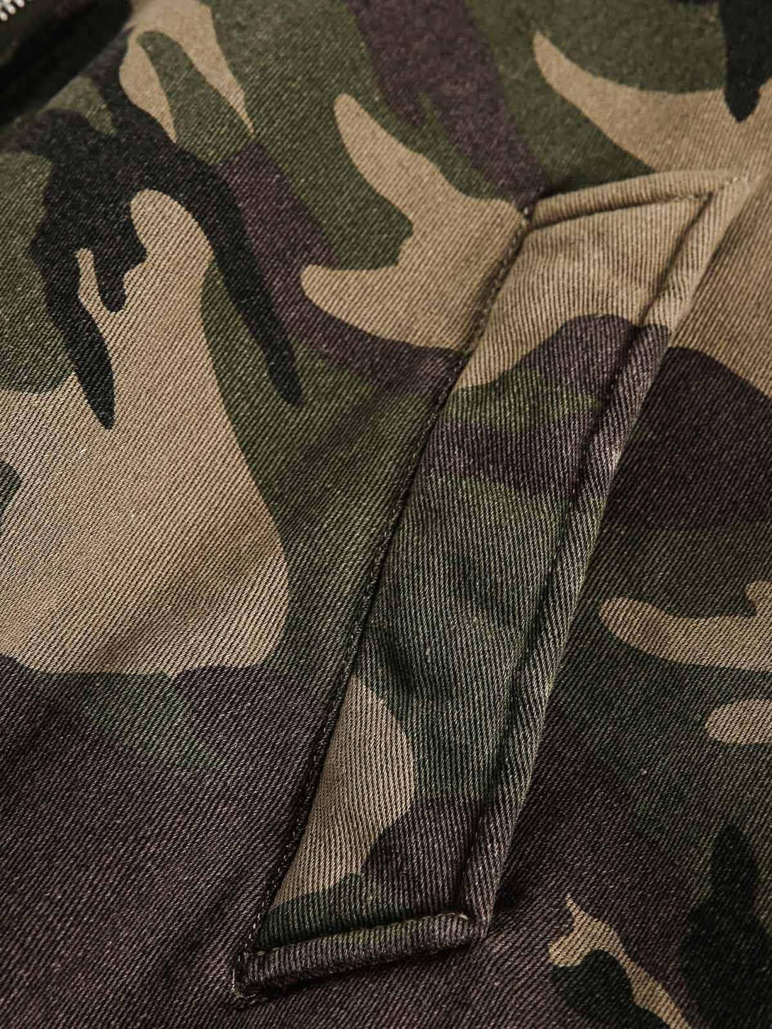 Intricate look at TALISHKO's camouflage jacket pocket detail, highlighting its rugged texture.