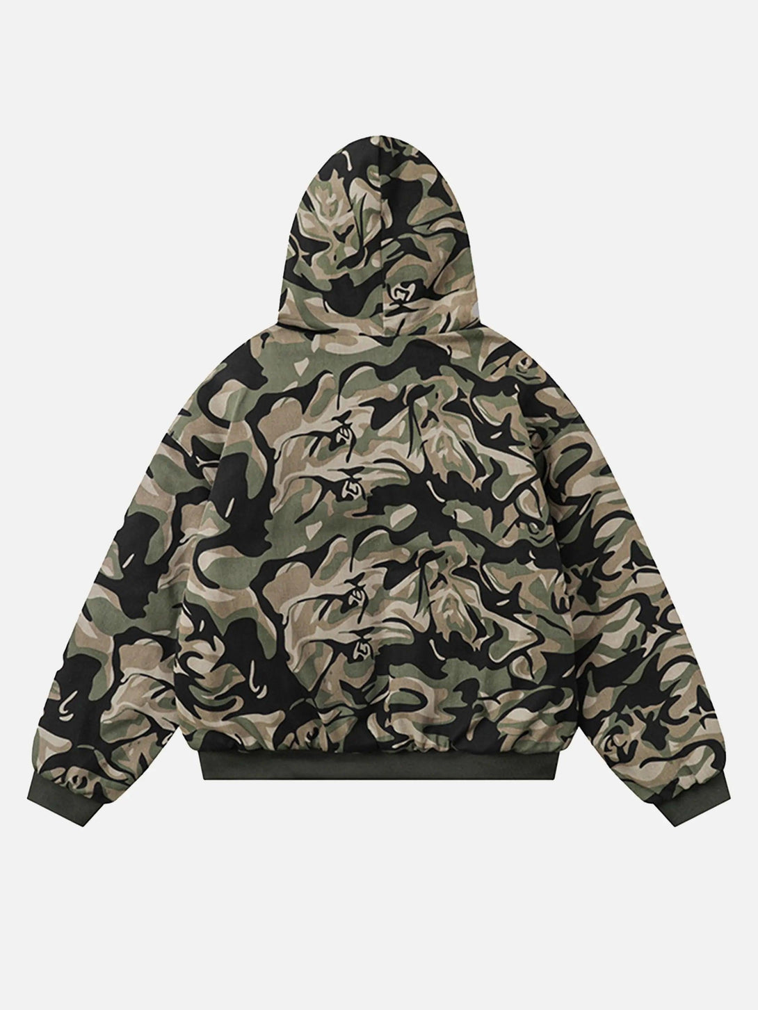 Back view of TALISHKO camouflage hoodie, highlighting its bold pattern and cozy style.