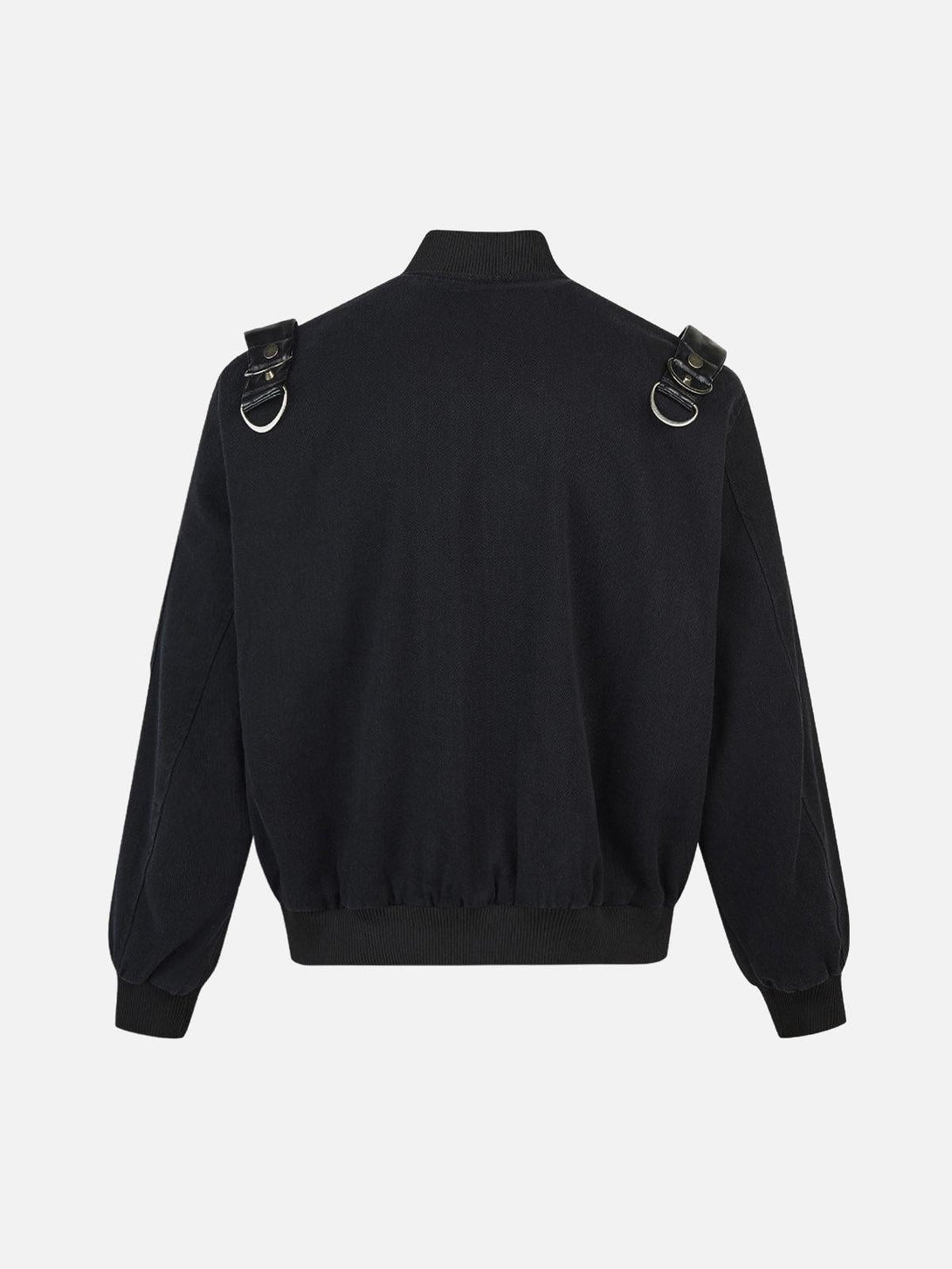 Back view of a TALISHKO bomber jacket with leather shoulder details, perfect for edgy style.