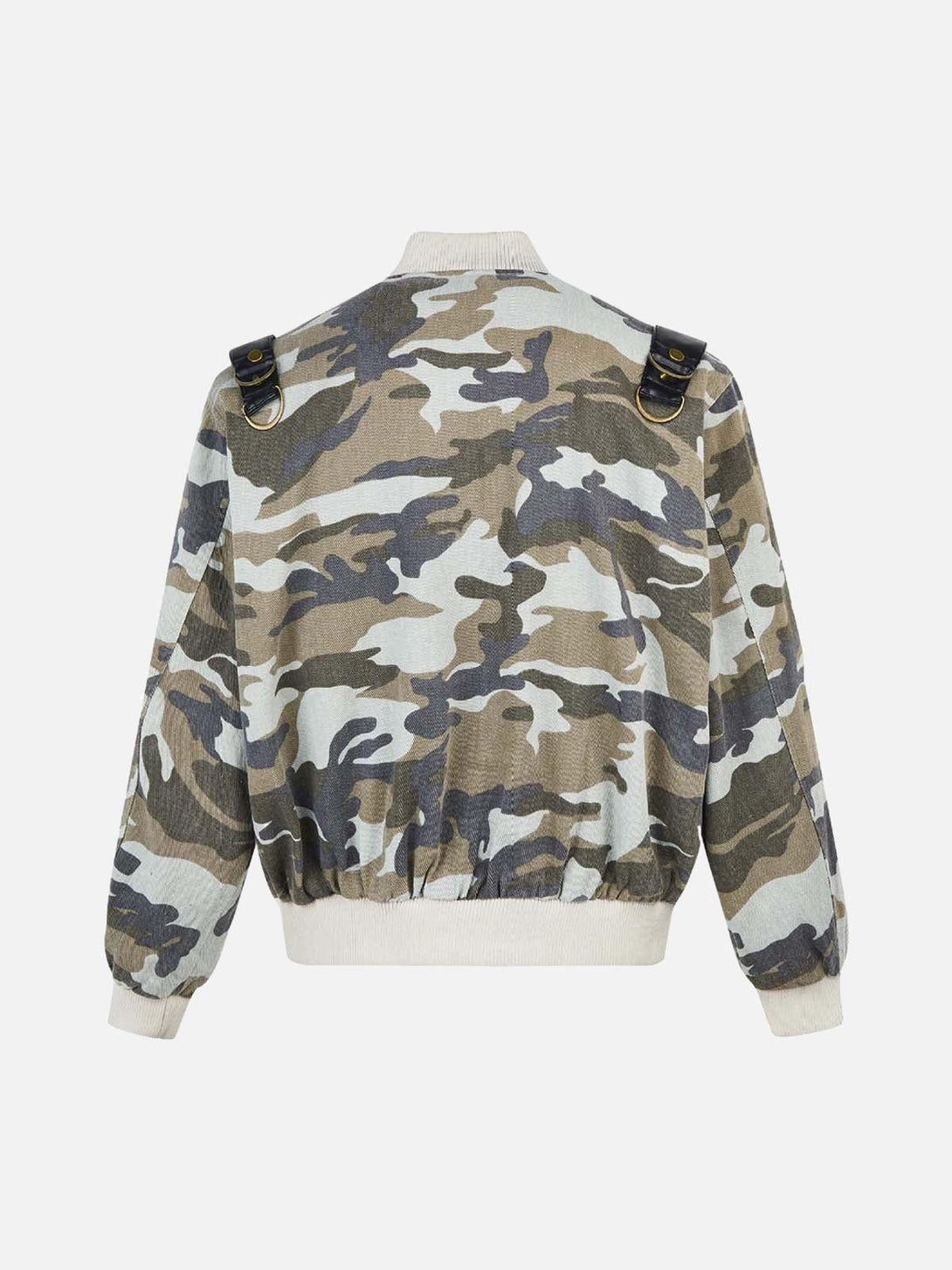 Back view of a TALISHKO camouflage bomber jacket featuring leather shoulder pads for a rugged look.