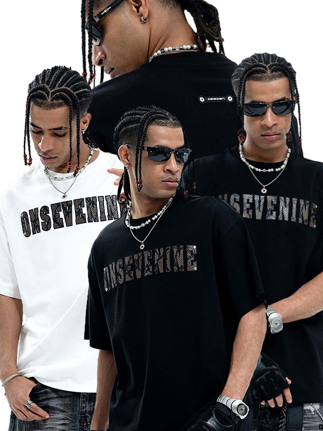 Model showcasing TALISHKO T-shirts with bold camouflage lettering, accessorized with sunglasses.