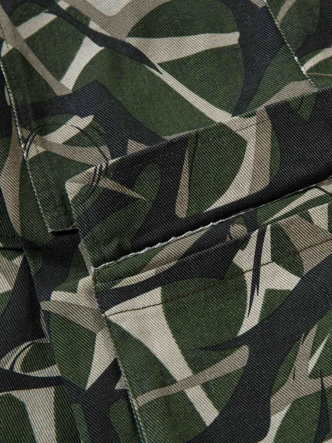 Intricate detail of TALISHKO cargo pants showcasing camouflage pattern and stitching.