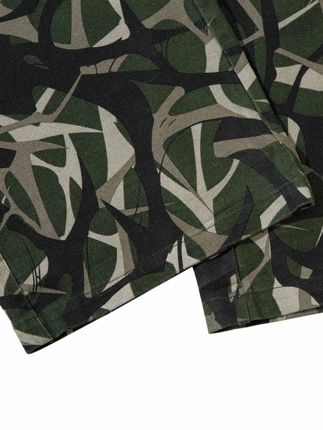Zoomed-in texture of TALISHKO cargo pants highlighting the unique camouflage pattern.