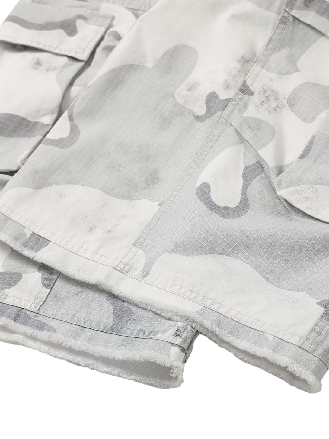 Zoomed-in texture of TALISHKO's camouflage cargo shorts, highlighting the multi-pocket detail.
