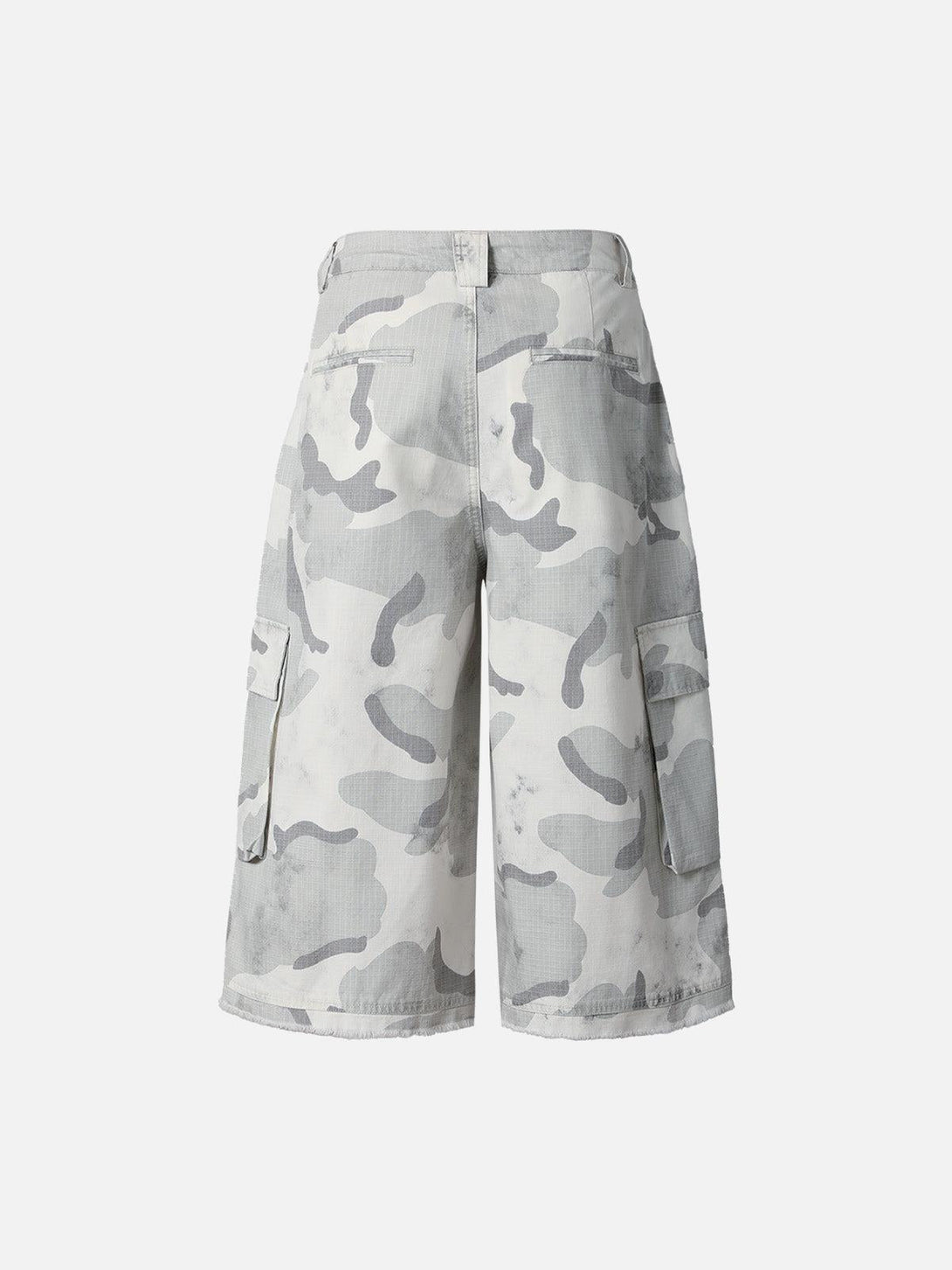 Back view of TALISHKO gray camouflage cargo shorts featuring a multi-pocket design.