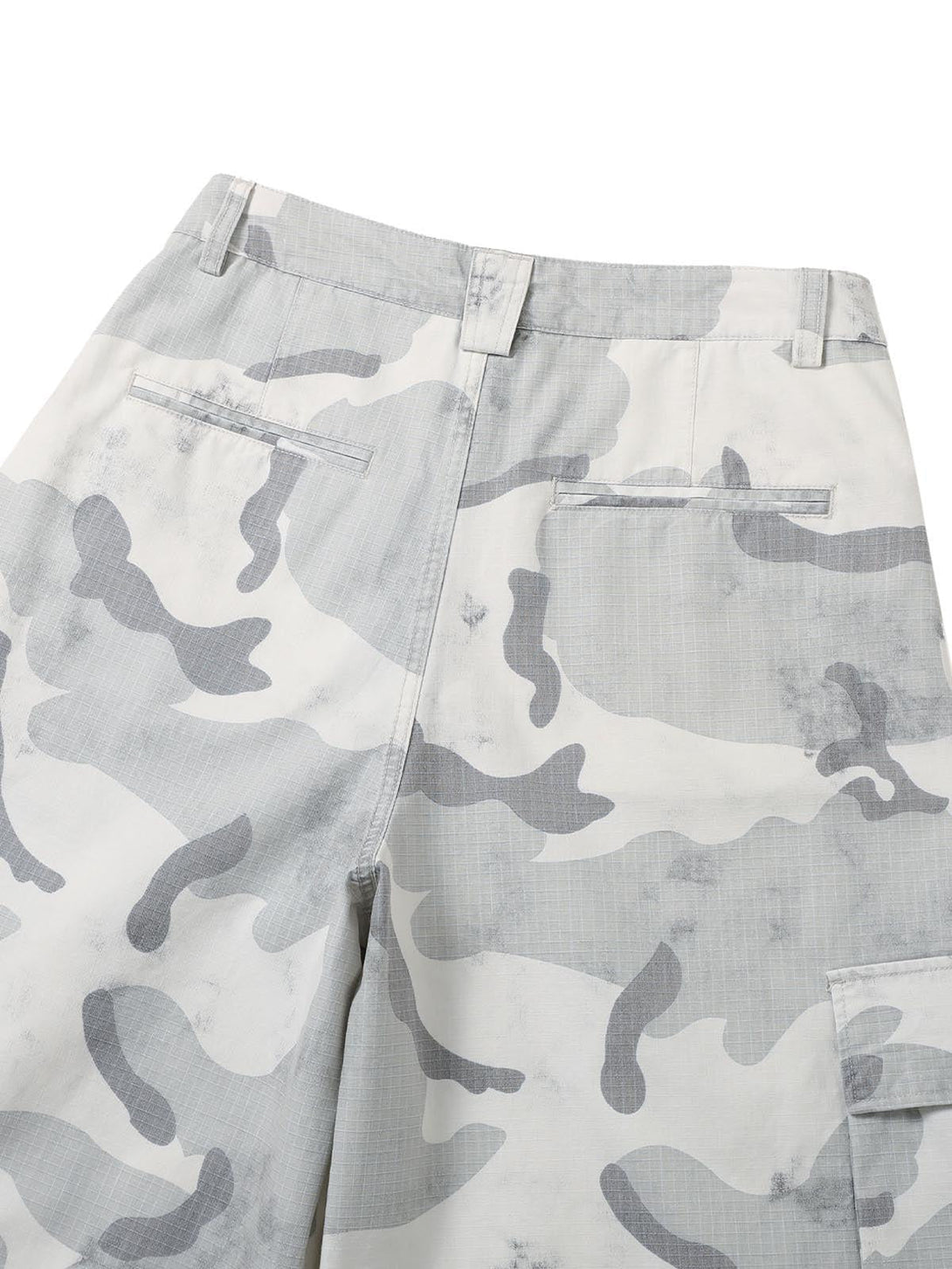 A detailed look at TALISHKO's gray camouflage cargo shorts, highlighting the multi-pocket back design.