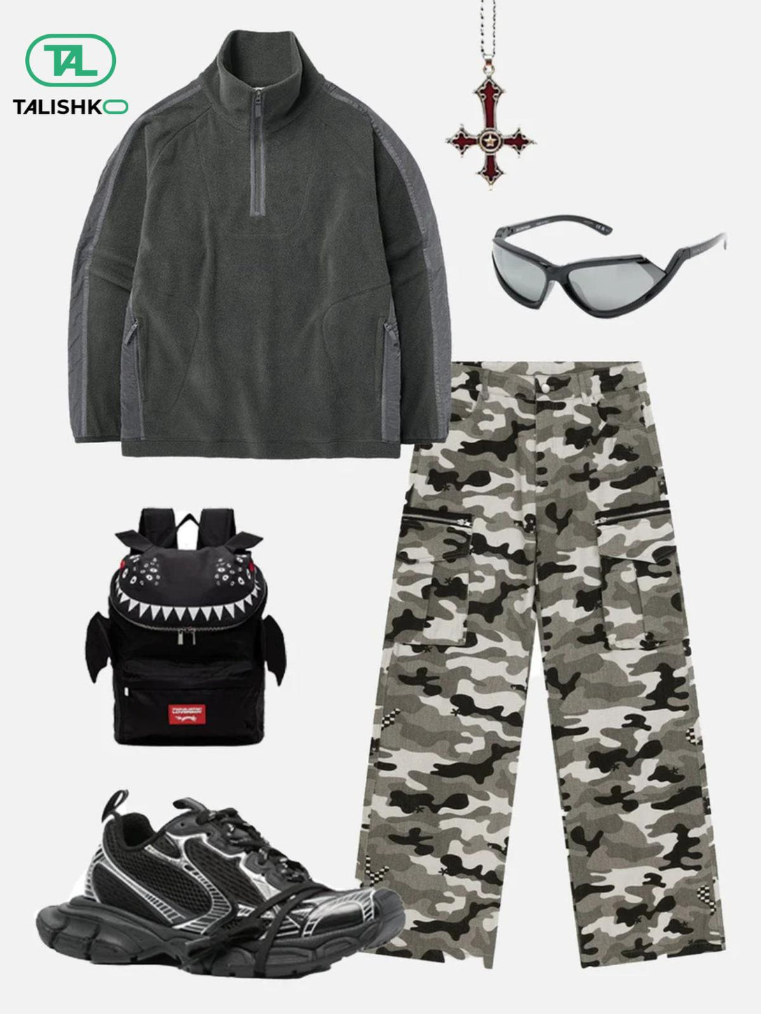 Casual ensemble featuring TALISHKO camouflage jeans, fleece top, and edgy accessories.