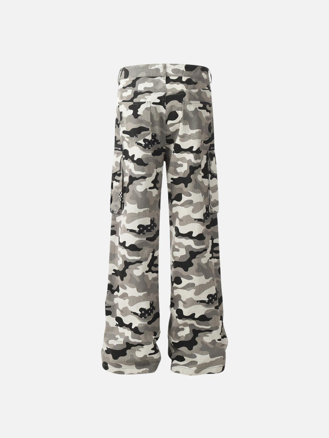 Back view of TALISHKO camouflage multi-pocket jeans featuring a bold, urban style.