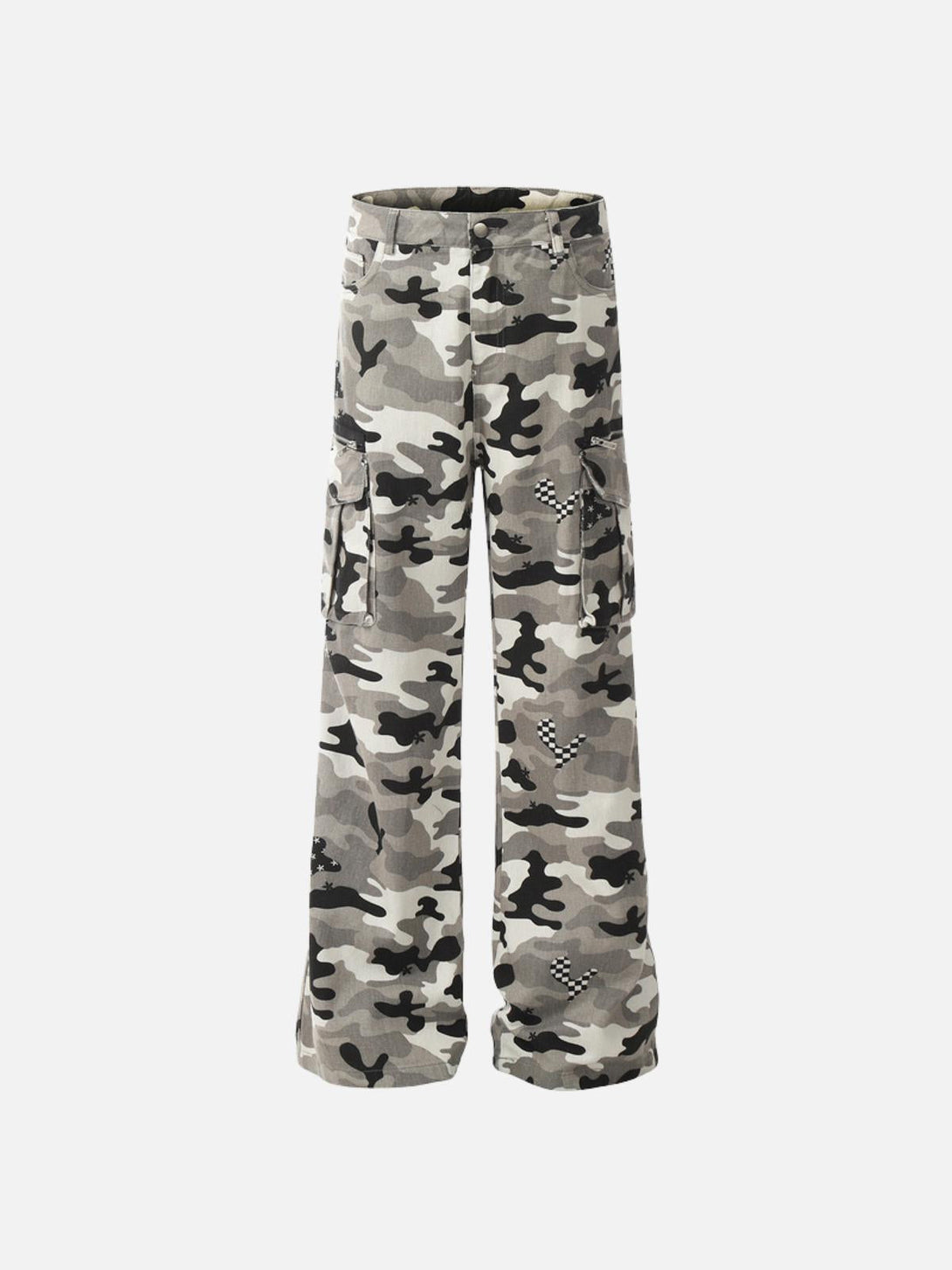 TALISHKO camouflage multi-pocket jeans in a front view, showcasing versatile streetwear style.